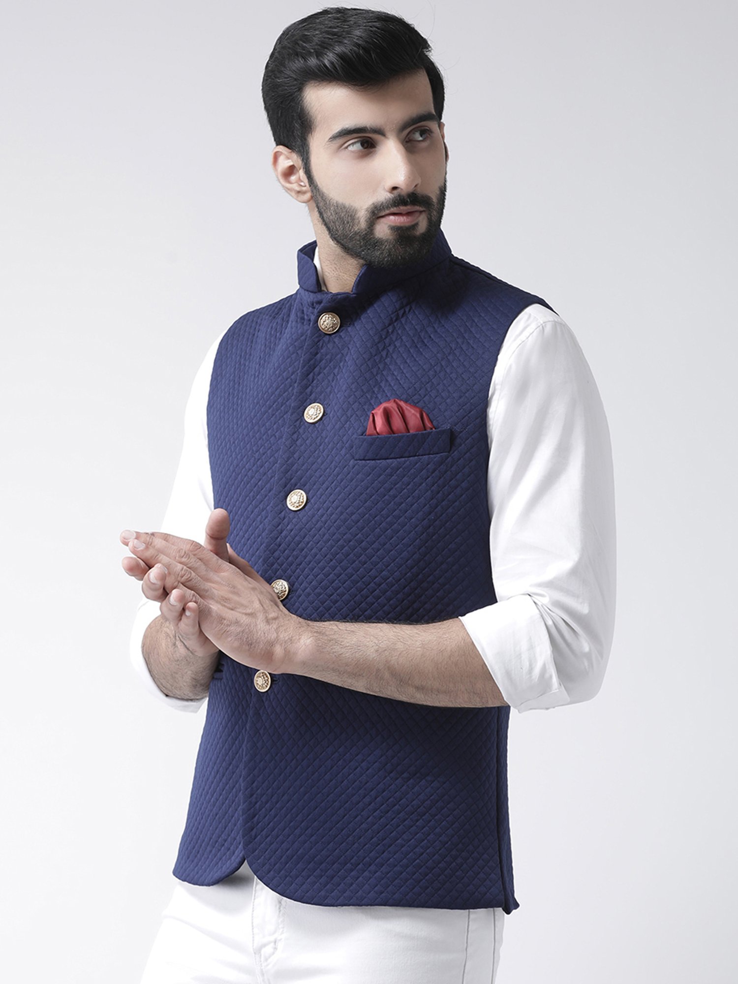 Hangup Plus Navy Regular Fit Self Design Nehru Jacket