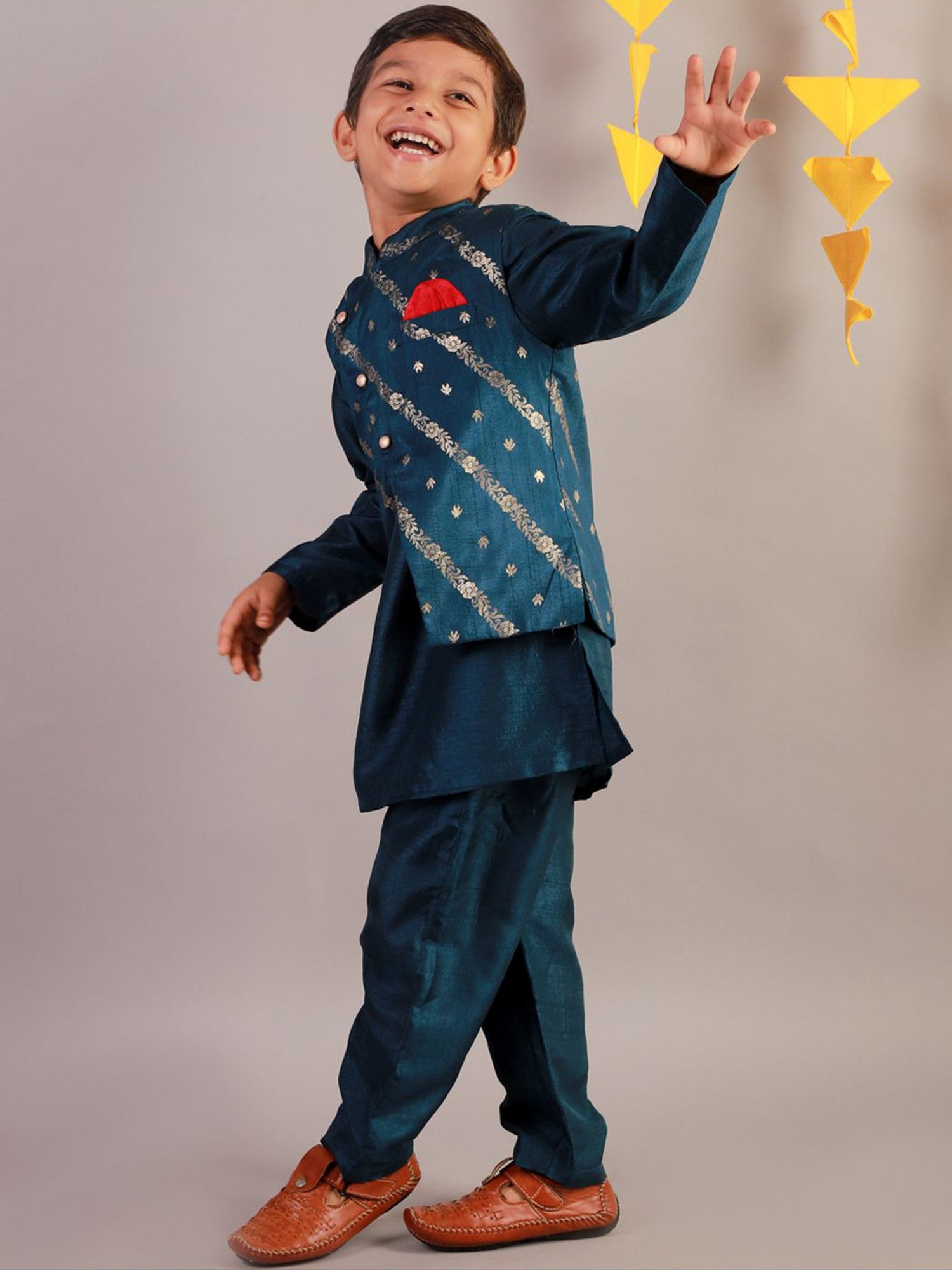 Lil Drama Kids Teal Blue Floral Print Full Sleeves Kurta Set