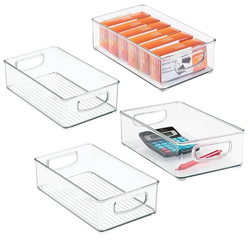 Stackable Plastic Home Office Storage Organizer Container with Handles for Cabinets Drawers Desks Workspace BPA Free for Pens Pencils Highlighters Notebooks 6 Wide 4 Pack Clear