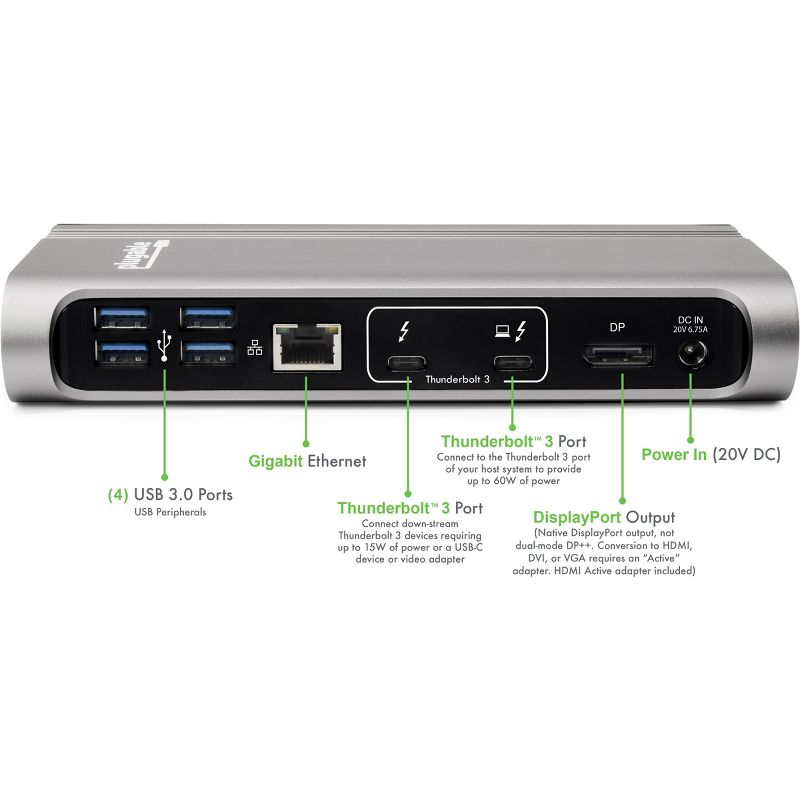 Plugable TBT3-UDV Docking Station - for Notebook/Desktop PC - 60 W - Thunderbolt 3 - 4 x USB Ports - 4 x USB 3.0 - Network (RJ-45) - DisplayPort
