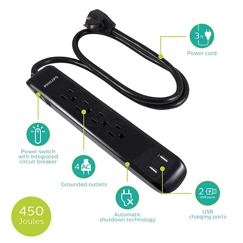 4 Outlet Power Strip Surge Protector 2 USB Charging Ports 3ft Power Cord Flat Plug Wall Mount 450 Joules ETL Listed Black SPP6242BC37