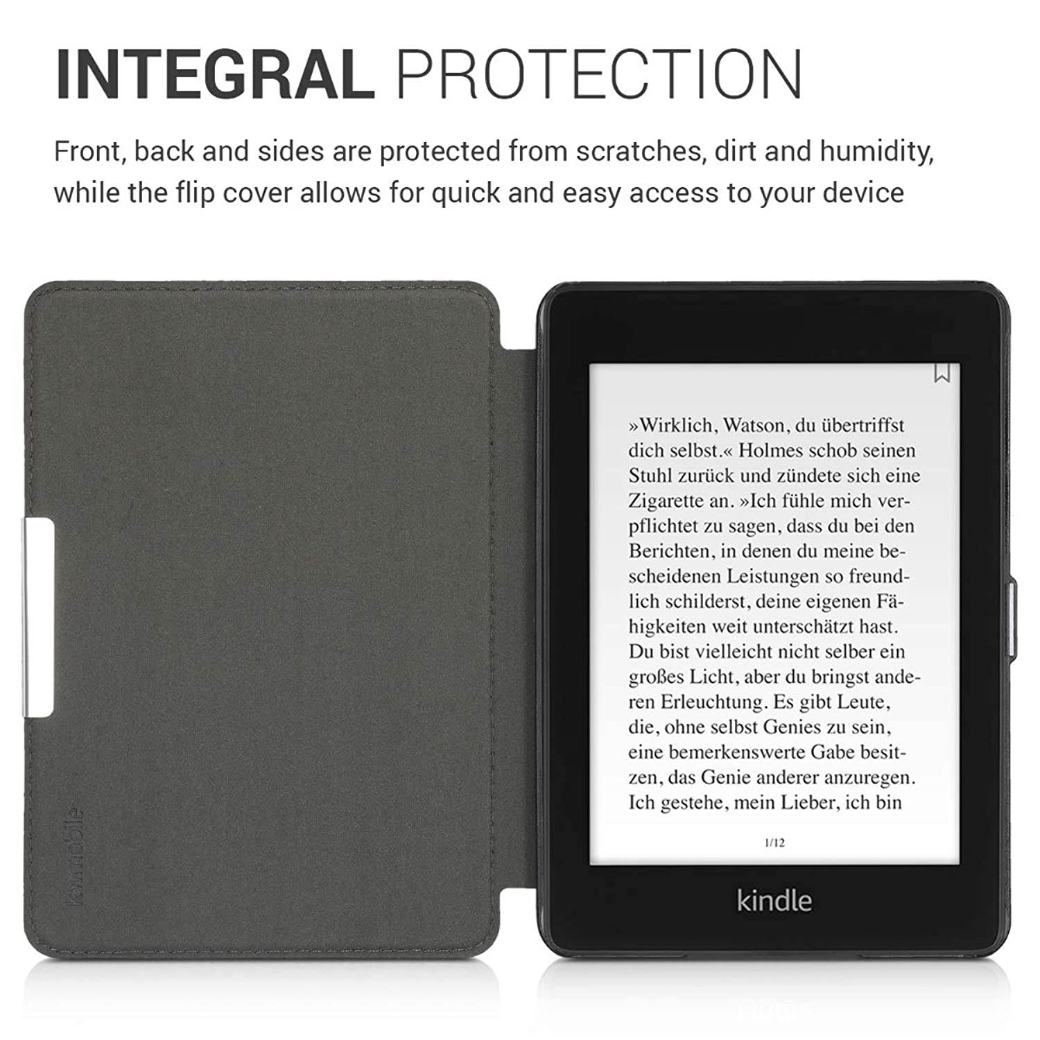 kwmobile Case Compatible with Amazon Kindle Paperwhite (10. Gen - 2018) - PU Nubuck Leather Protective e-Reader Flip Case Cover - Waves Grey