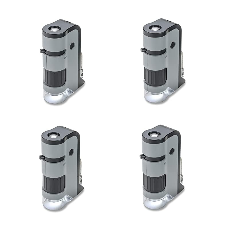 MicroFlip 100x250x LED Lighted Pocket Microscope with Flip Down Slide Base Smartphone Adapter Clip and UV Flashlight Set of 4