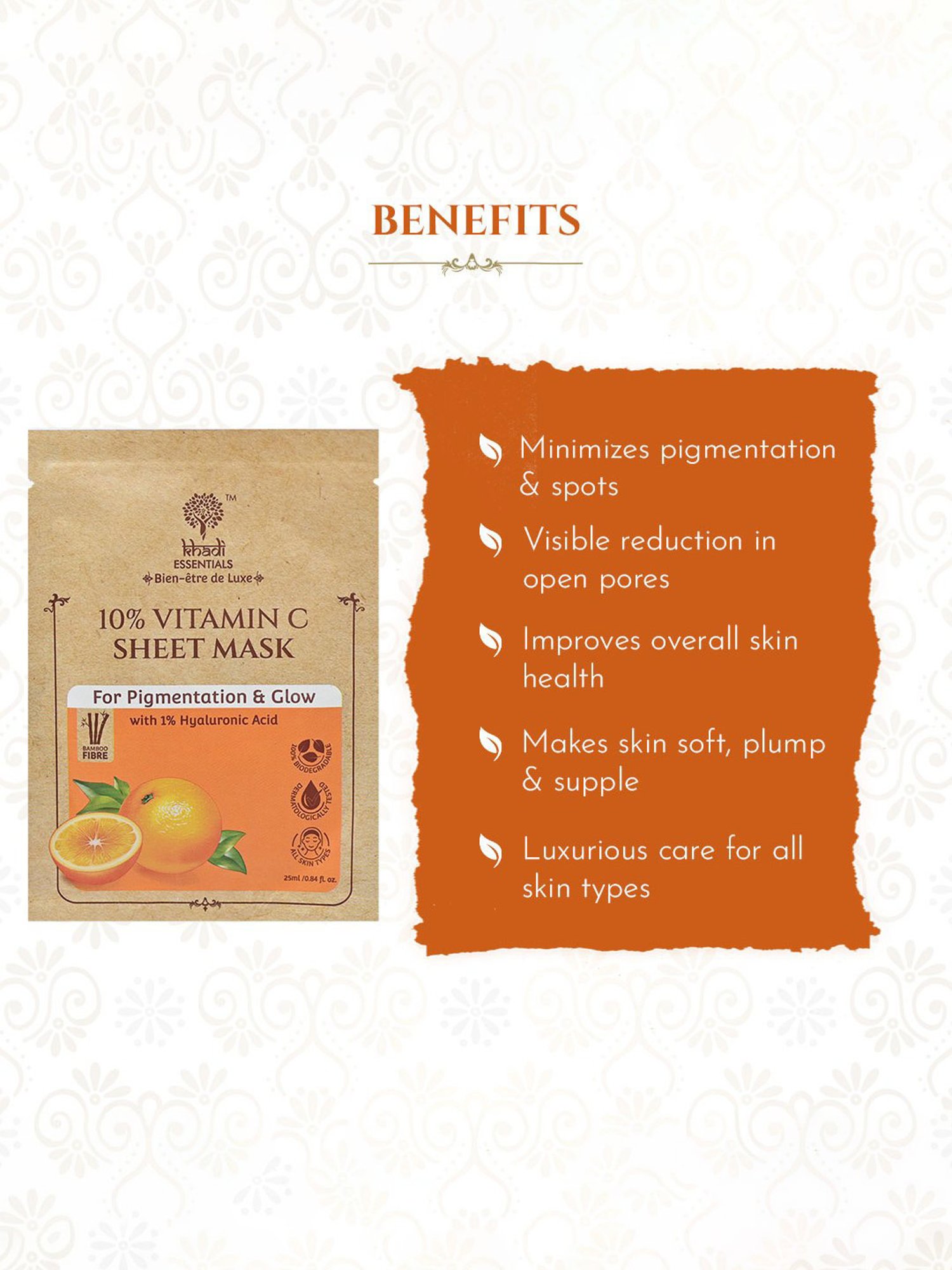 Khadi Essentials 10% Vitamin C Serum Sheet Mask with 1% HA for Pigmentation & Glow - Pack of 3
