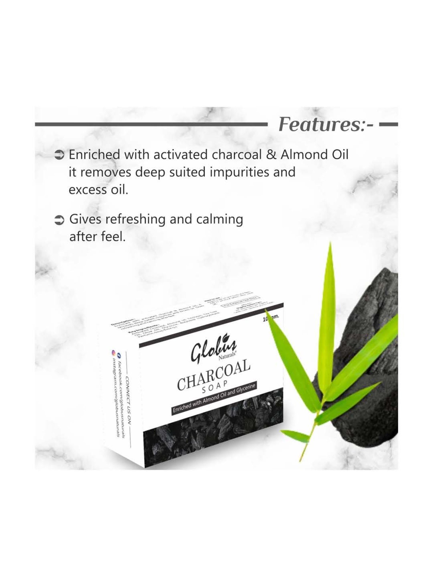 Globus Naturals Charcoal Soap Enriched with Almond Oil & Glycerine - 100 gm (Pack of 3)