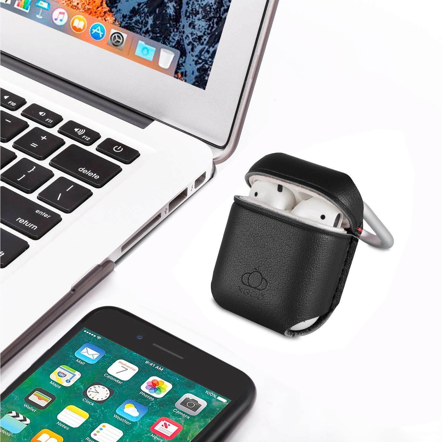 XGUO Replacement for AirPods Case,Premium Leather Handmade Portable Protective Cover Carrying Case for AirPods Charging Case (Black)