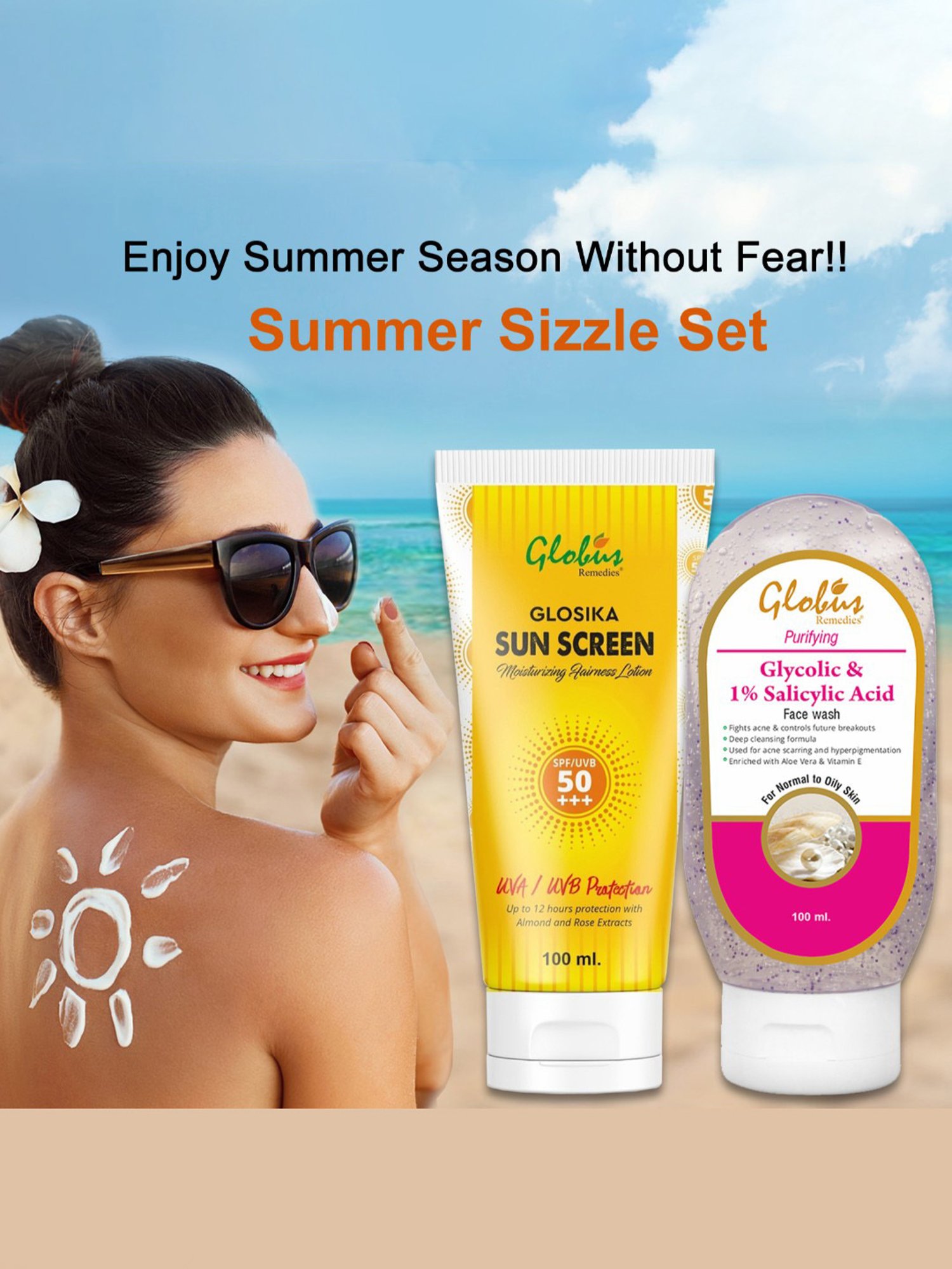 Globus Remedies Glosika Moisturizing Sunscreen SPF 50+++ Salicylic Acid Face Wash Combo