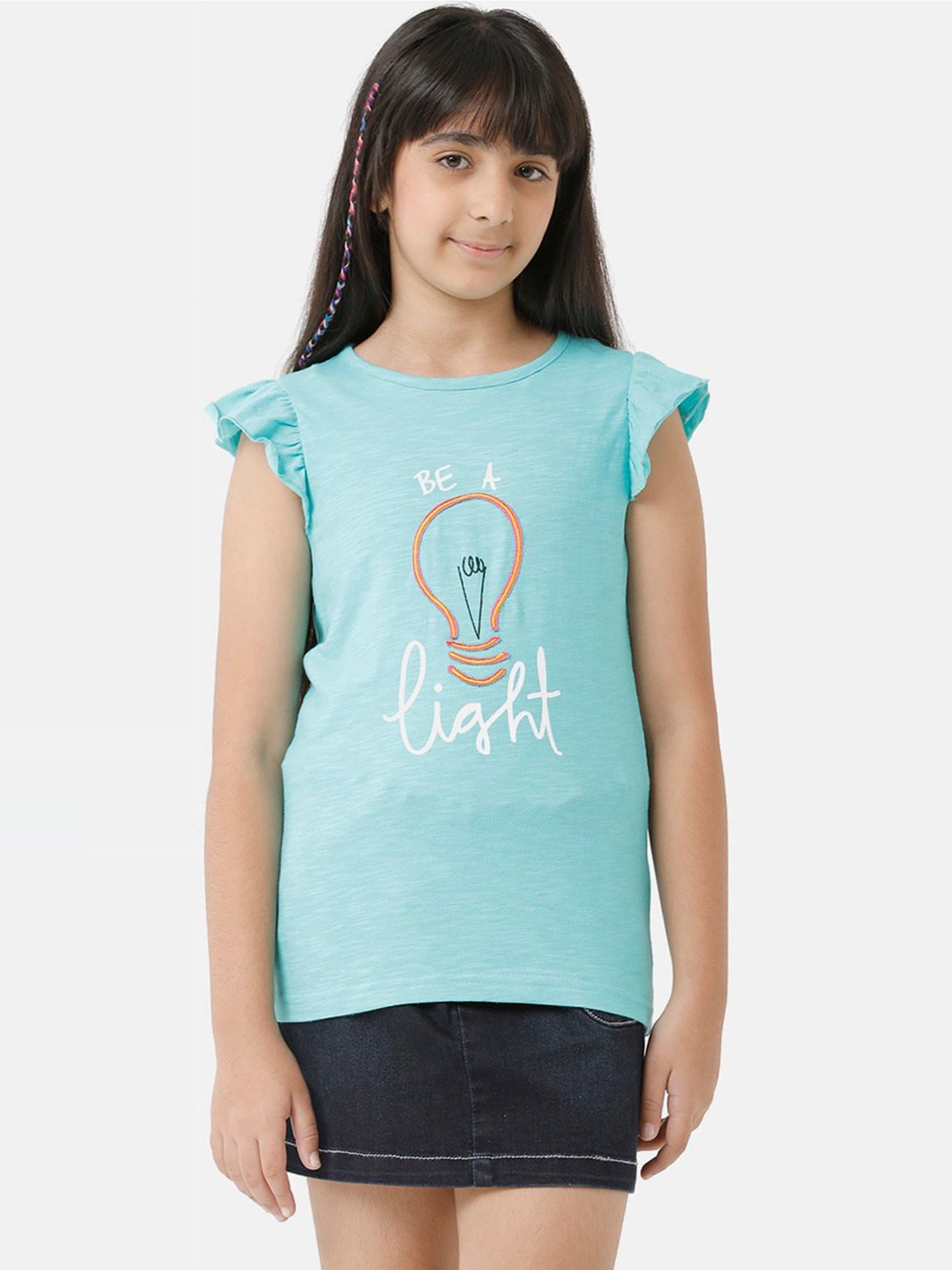 Under Fourteen Only Kids Aqua Blue Embroidered Top