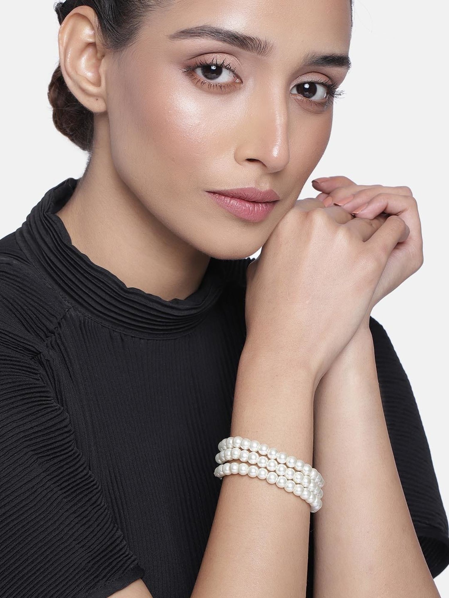 Estele Rhodium-Plated 3 Line Pearl Bracelet for Women