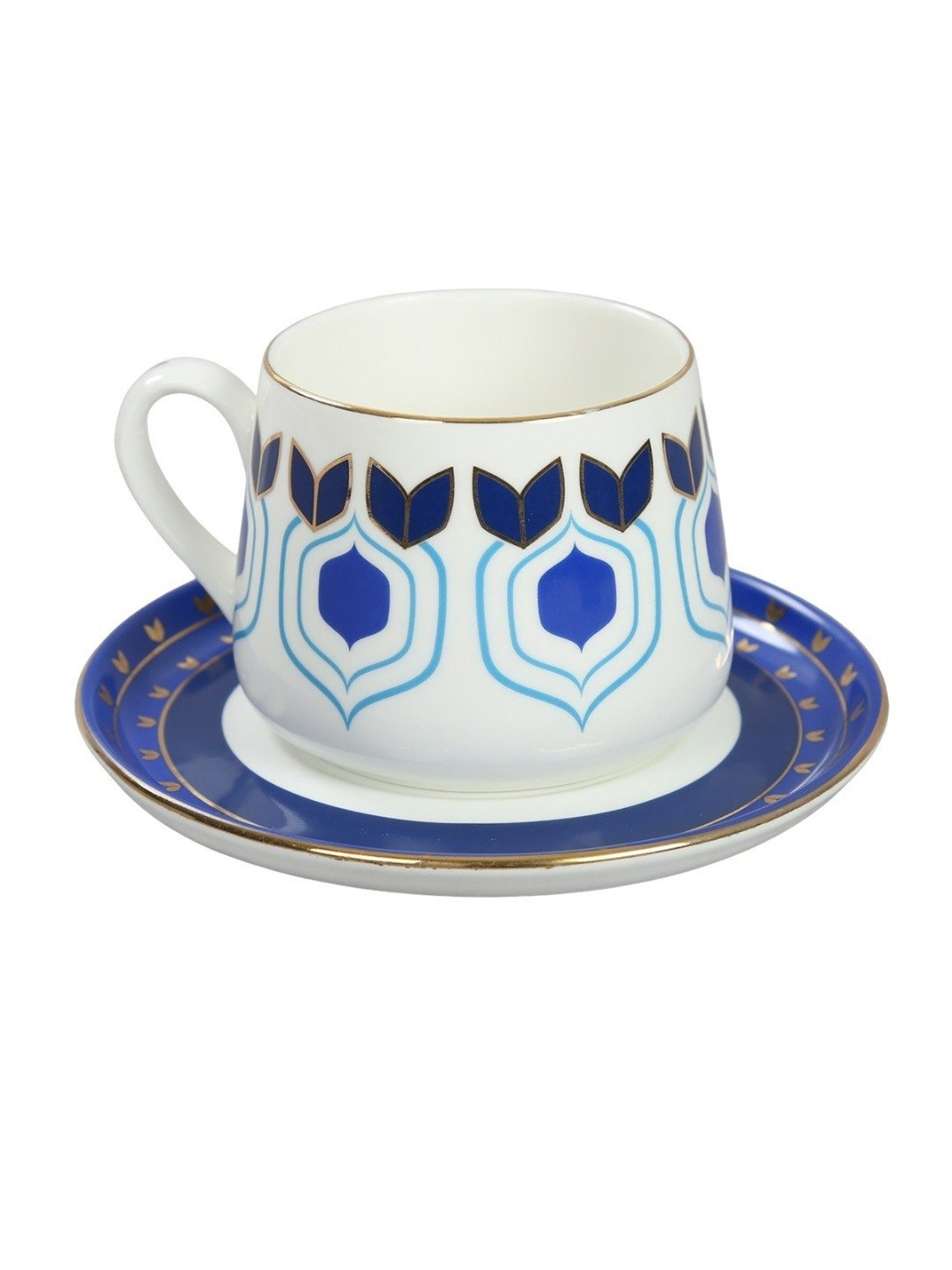 India Circus Floral Blue Bone China Cup Saucer (Set of 8)