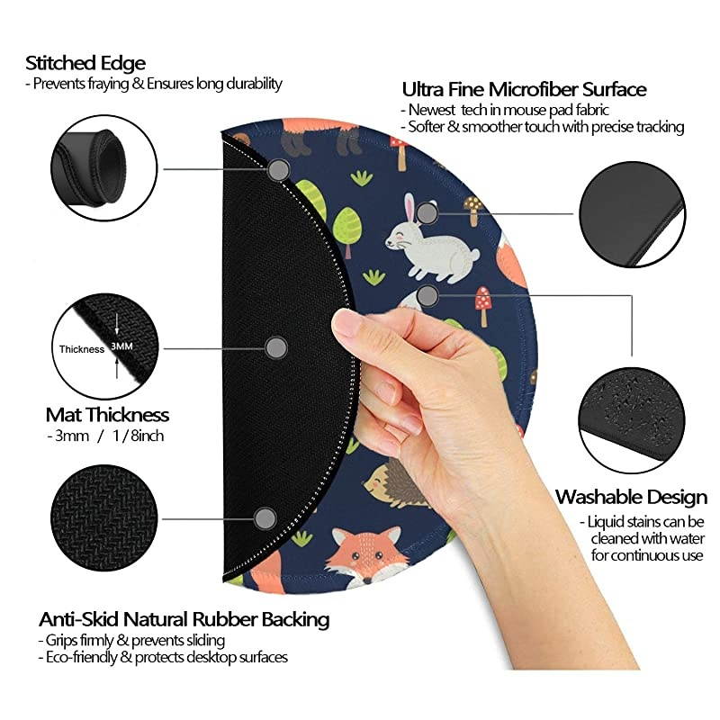 Pad, Personalized Round Mat, Small Circular Pad with Animal Design, Anti-Slip Rubber pad with Stitched Edges, Cute Office Pad for Girls & Women, Fox