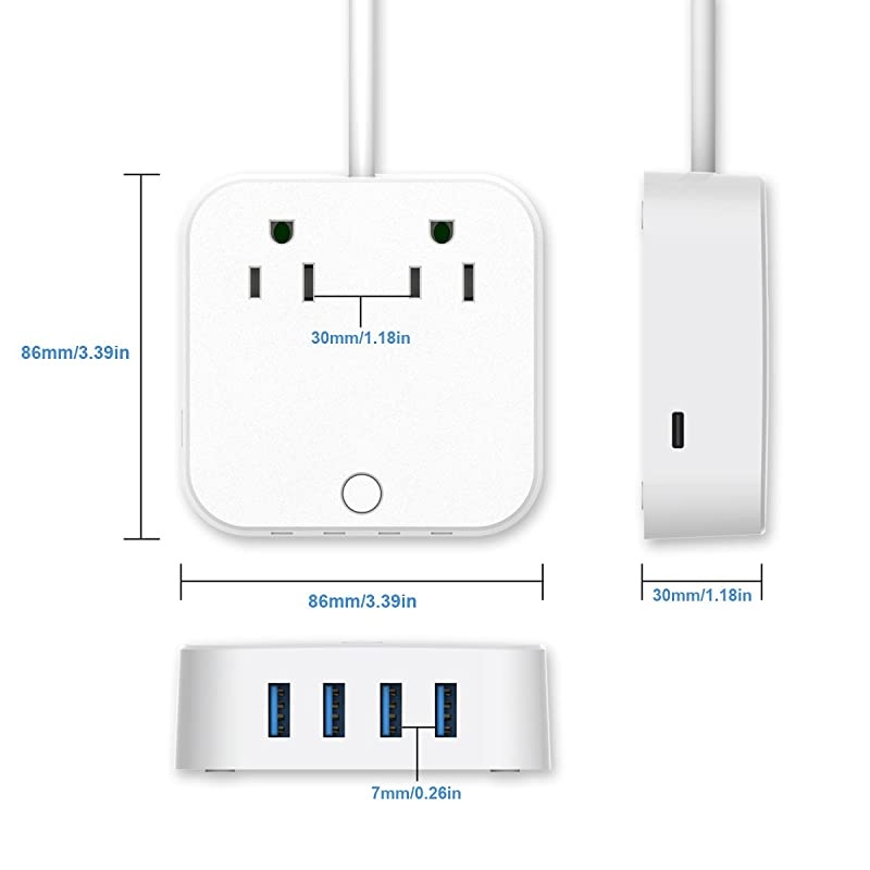 Strip Surge Protector with TypeC Charging Port 5V3A 4 USB Ports 5V24A Portable Travel Charger Station 4ft Heavy Duty Extension Cord USB C Not for Laptops