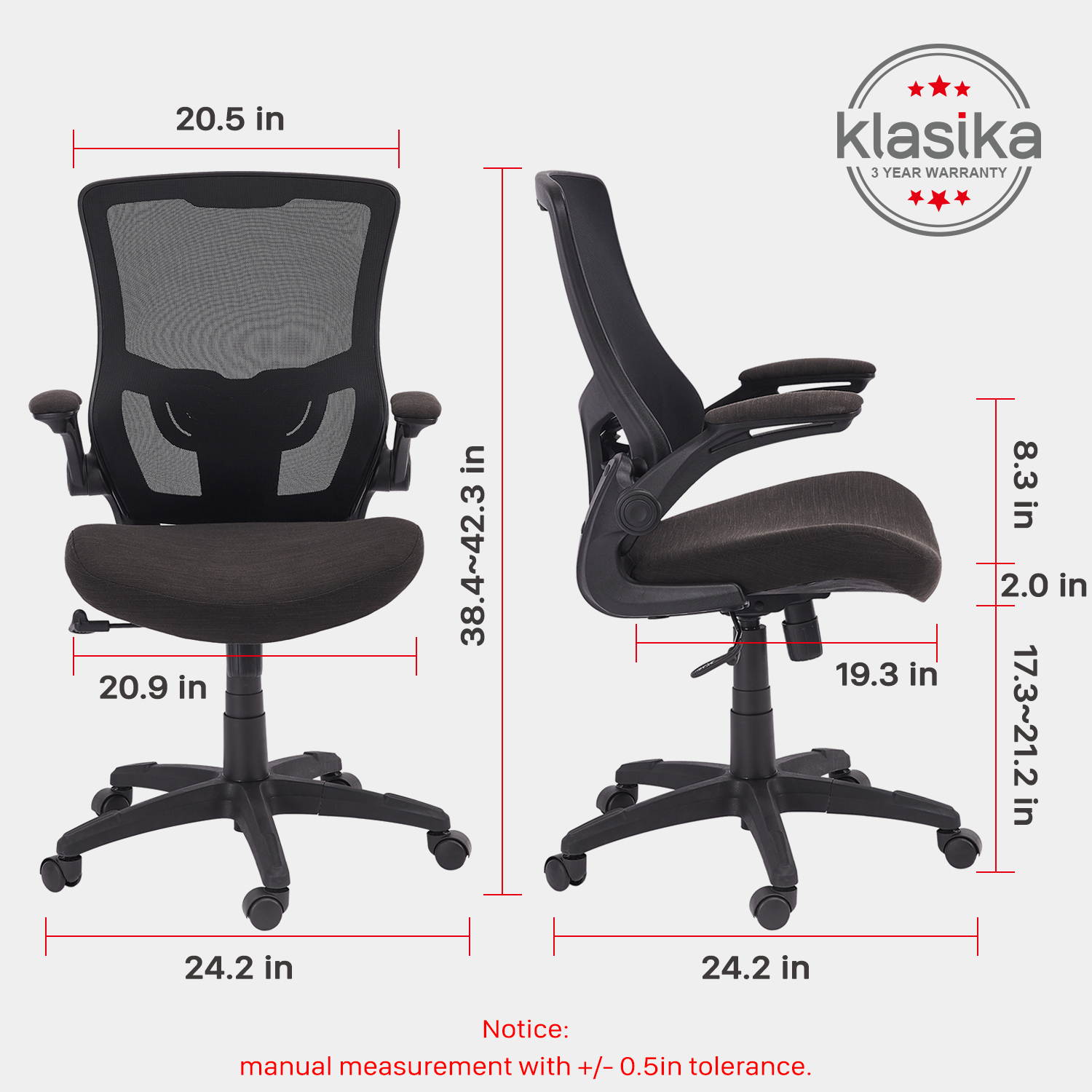 KLASIKA Mesh Ergonomic Desk Chair with Flip-up Arm Rest and Lumbar Support for Home Office