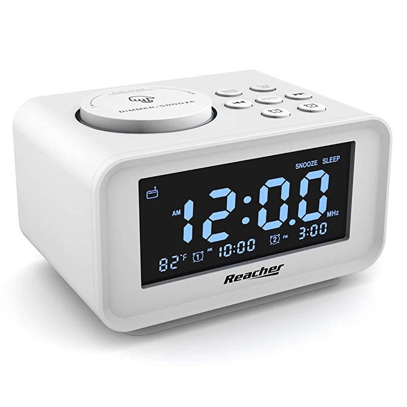 Dual Alarm Clocks Radio with Dimmer Dual USB Charging Ports 6 Wake up Sounds Adjustable Alarm Volume Snooze Thermometer Display FM Radio with Sleep Timer Small Size for BedroomsWhite