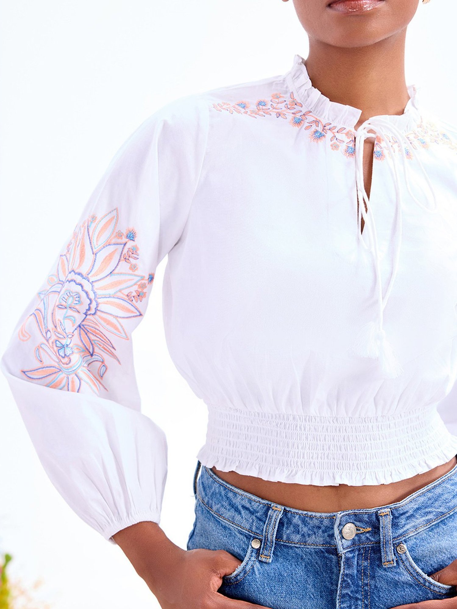 Cover Story White Cotton Embroidered Crop Top