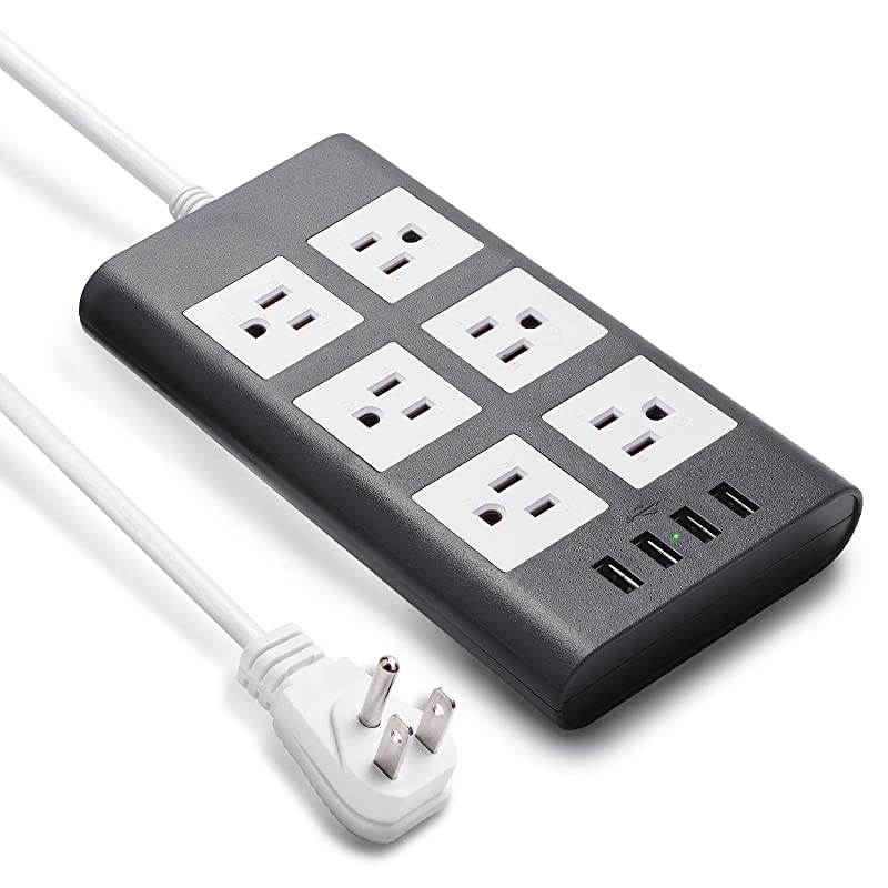 10ft 14AWG 15A Surge Protector Power Strip with USB  Heavy Duty Extension Cord Flat Plug 6Outlet 4 USB 24A Fast Charging 1080J for iPhone iPad Home Indoor Office Desktop Gray White