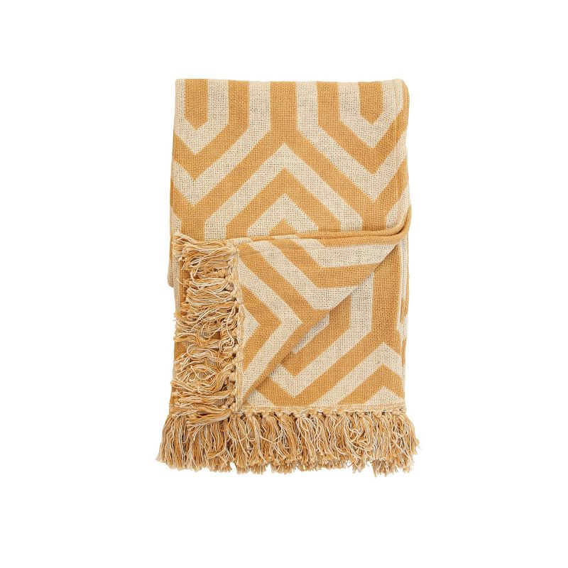 Mustard and Cream Pattern Hand Woven 50 x 60 inch Cotton Throw Blanket with Hand Tied Fringe - Foreside Home & Garden