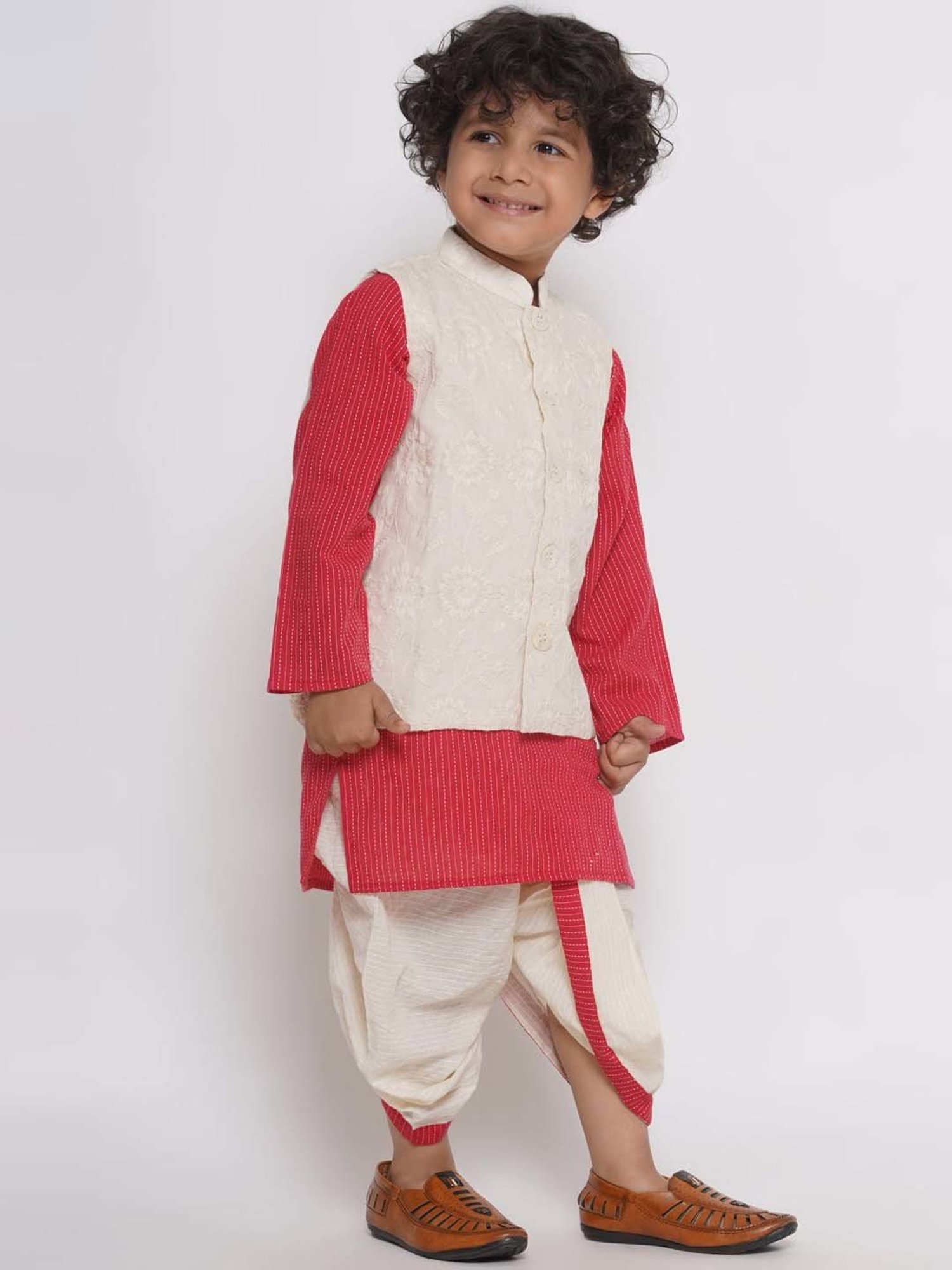 Little Bansi Red & White Cotton Embroidered Full Sleeves Kurta Set