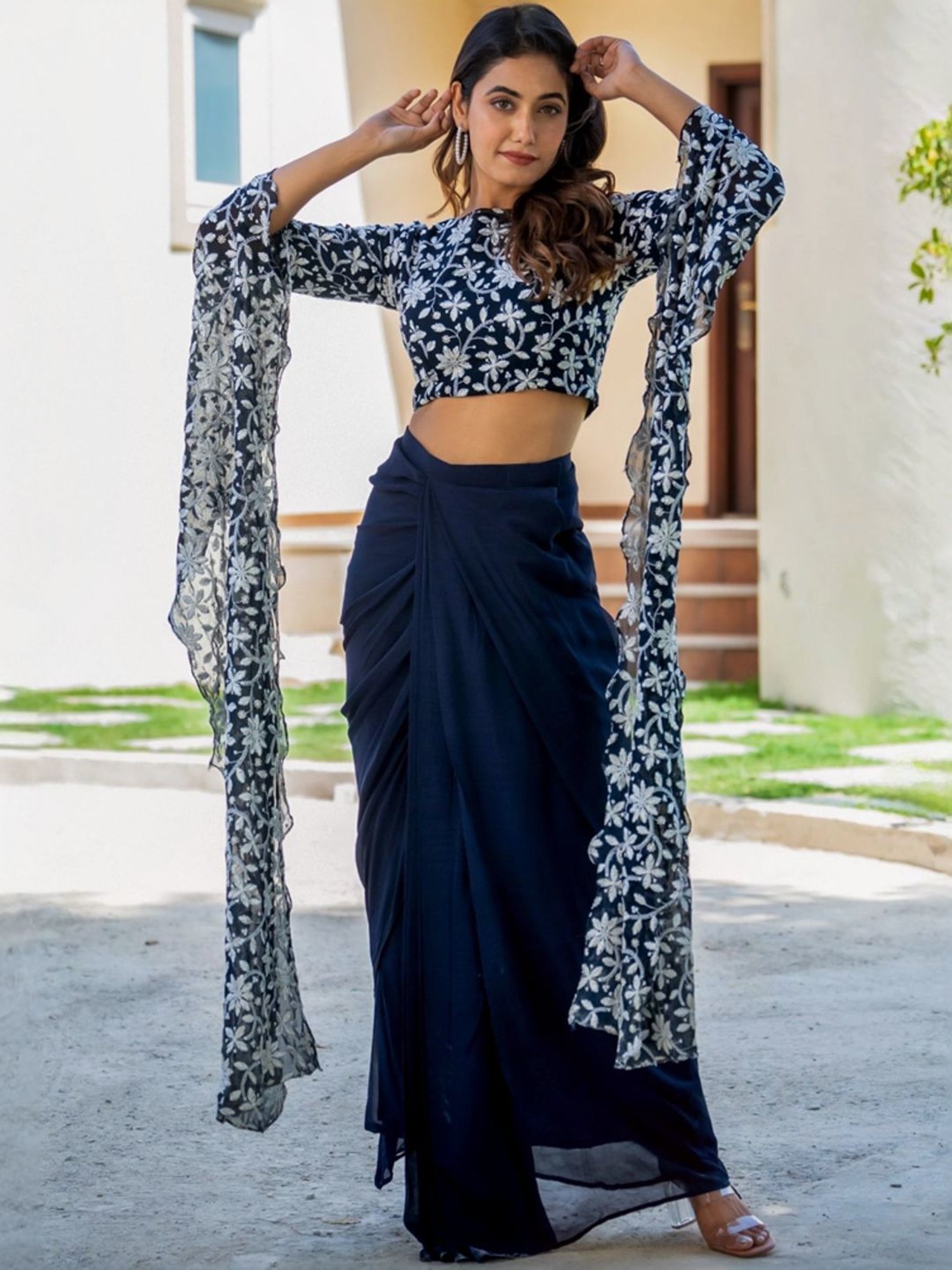 HOUSE OF JAMOTI Navy Embroidered Crop Top Skirt Set