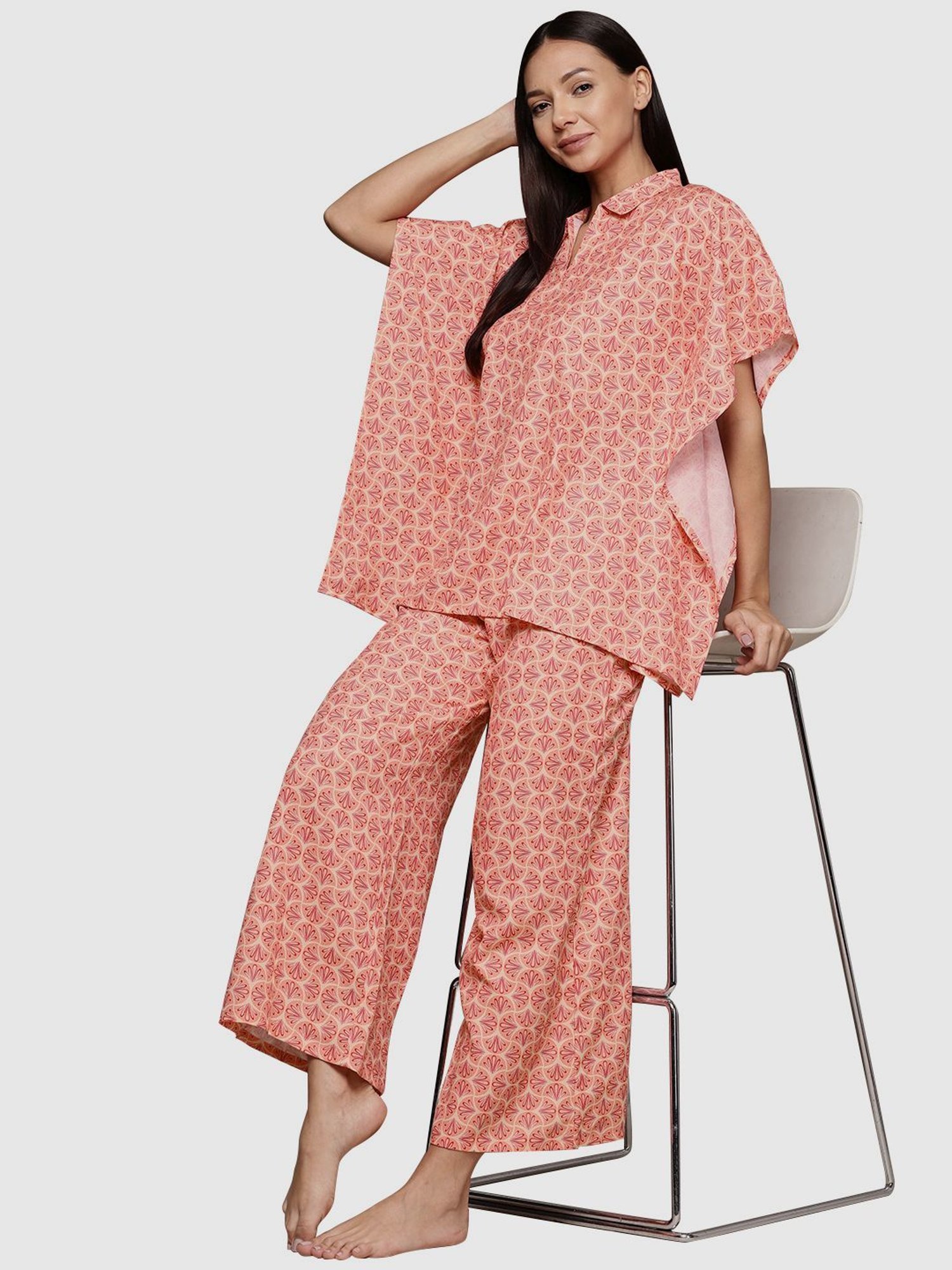 Ziyaa Orange Floral Print Kaftan Pyjama Set