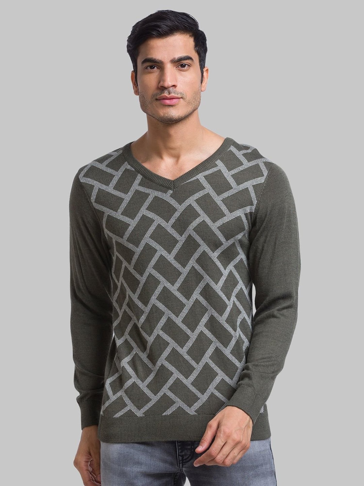 Parx Green Regular Fit Printed Sweater