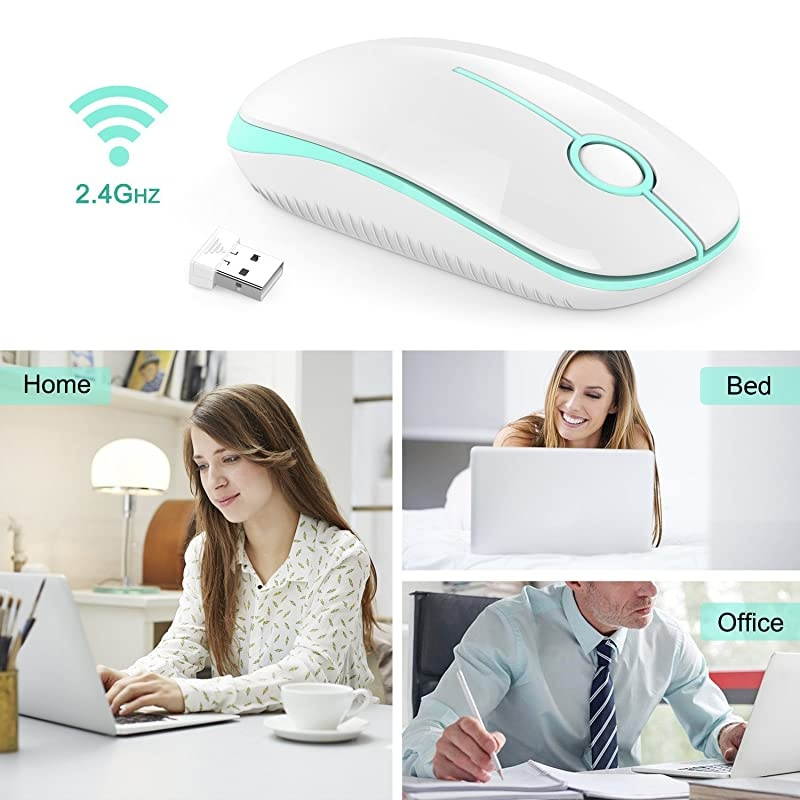 2.4G Slim Wireless Mouse with Nano Receiver, Less Noise, Portable Mobile Optical Mice for Notebook, PC, Laptop, Computer, MacBook MS001 (White and Green)