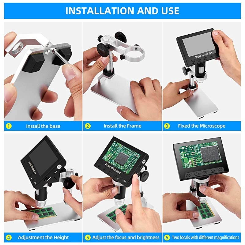 LCD Digital USB Microscope 4.3 Inch 10X-1000X Magnification Zoom, 8 LED Adjustable Light, Rechargeable Lithium Battery Camera Video Recorder for Phone Repair Soldering Tool Children Lab Edu