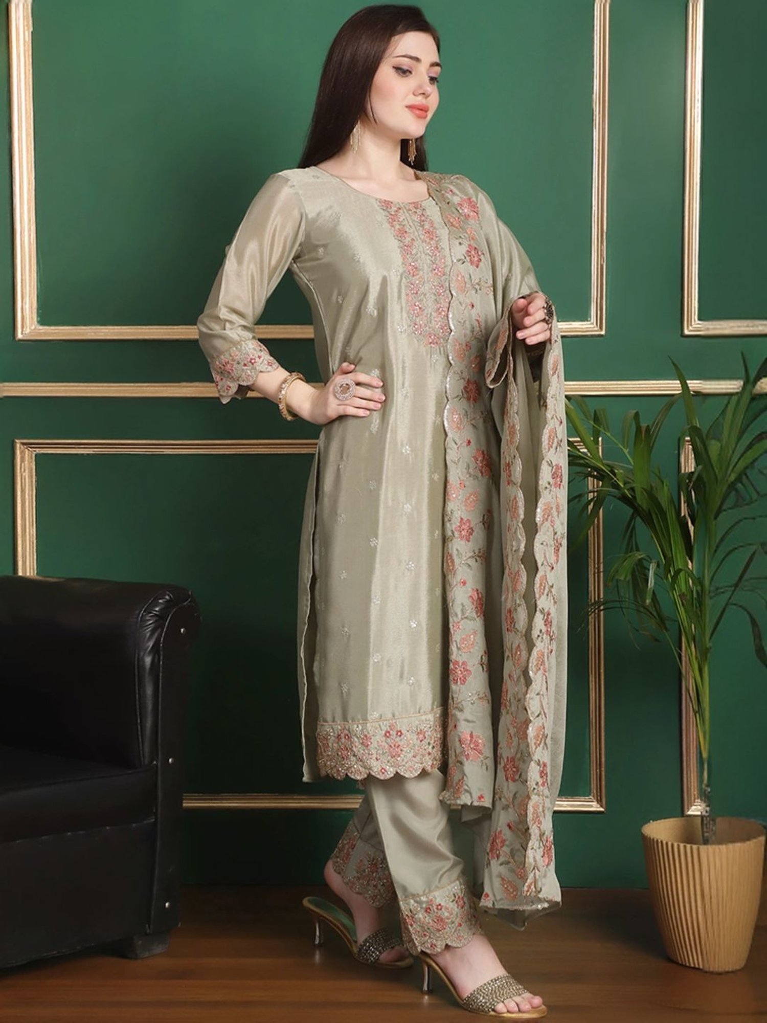 Stylee LIFESTYLE Olive Green Embroidered Unstitched Dress Material