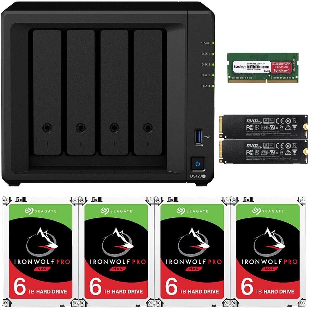 Synology DS420+ DiskStation with 2GB RAM and 24TB (4 x 6TB) of Seagate Ironwolf PRO Drives and 2TB (2x1TB) NVMe Cache Fully Assembled and Tested By CustomTechSales