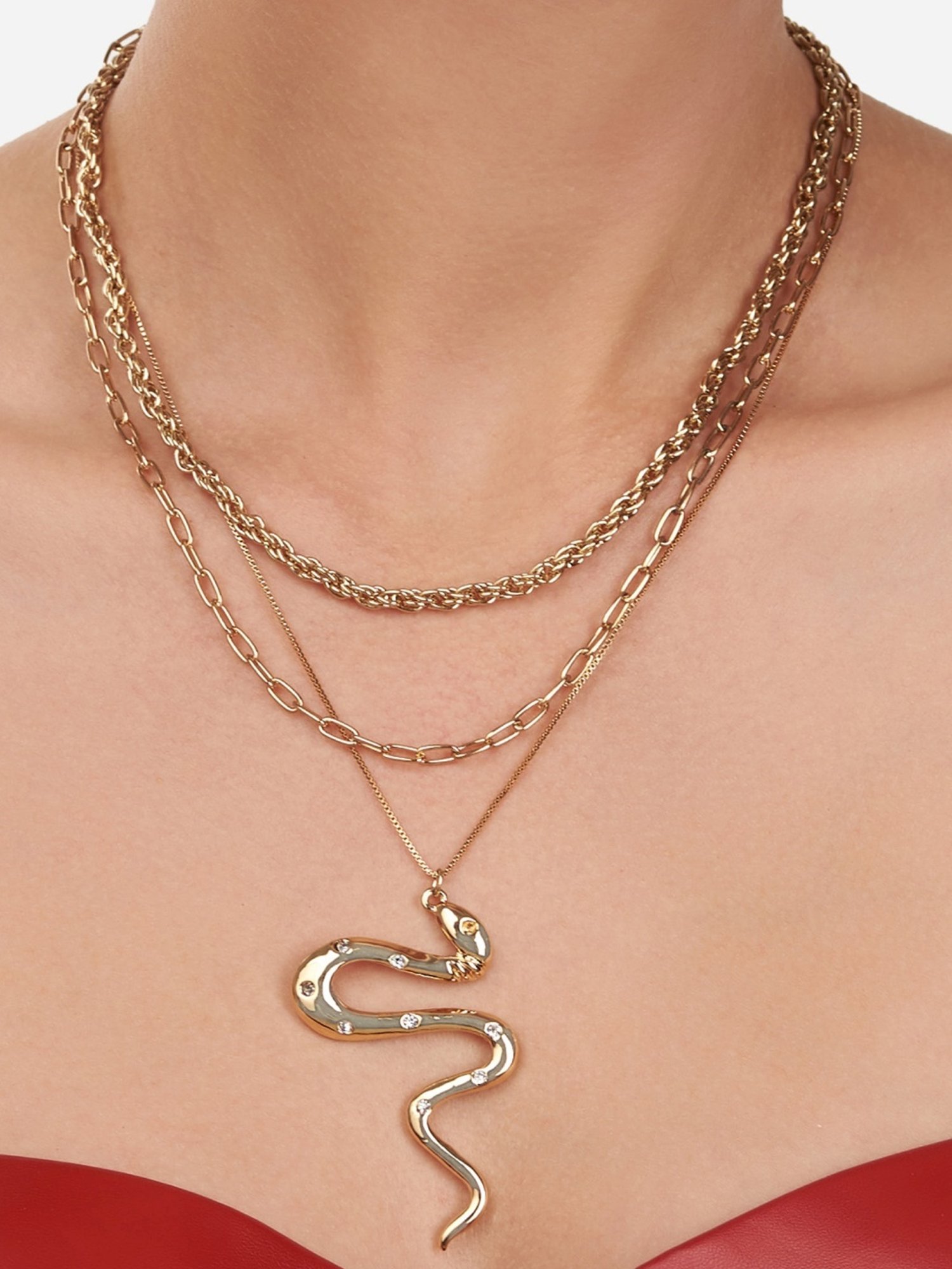 Zaveri Pearls Gold Tone 3 Layers Contemporary Snake Design Chain & Necklace & Earring Set