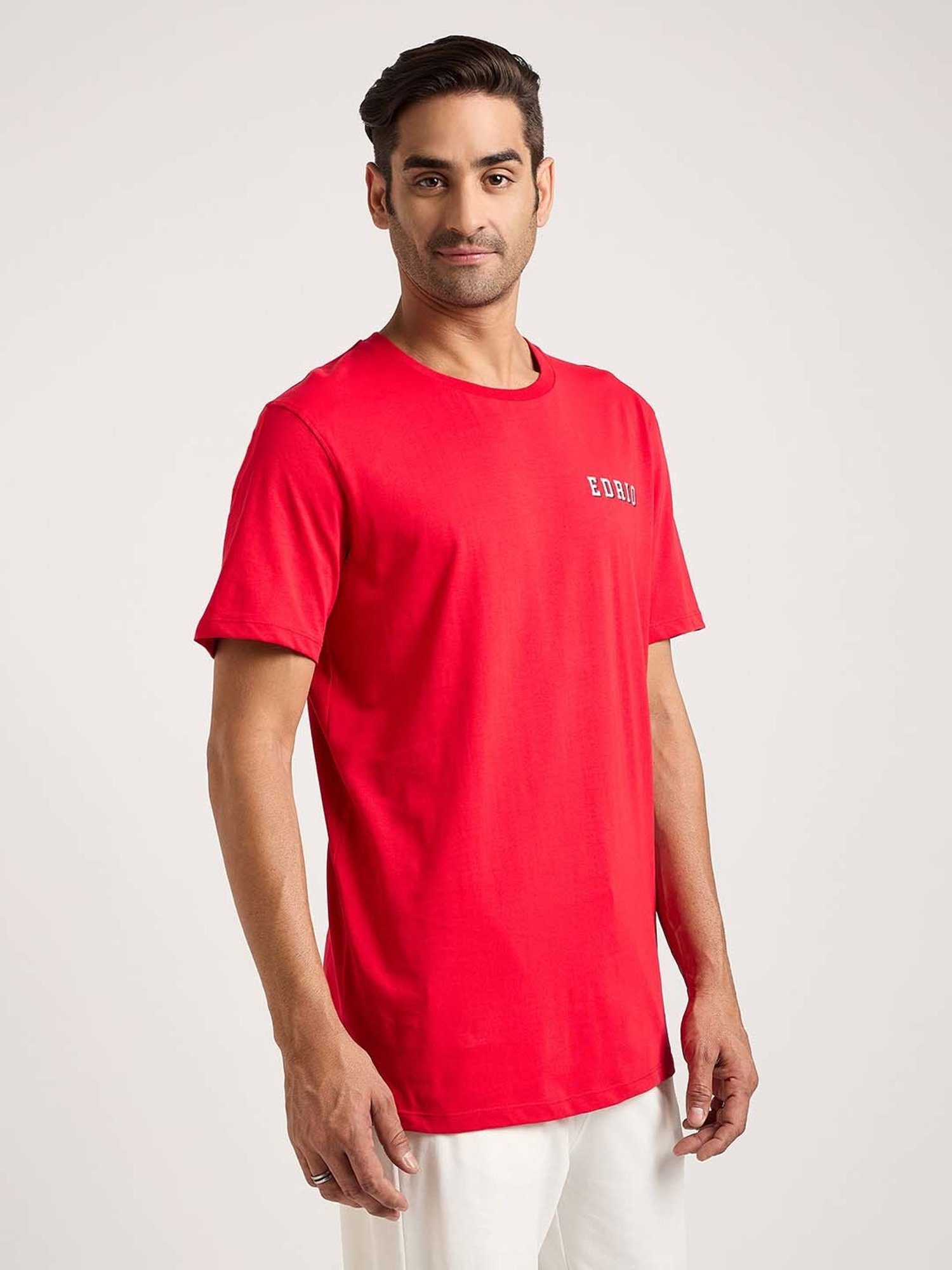 EDRIO Red Regular Fit Printed Crew T-Shirt
