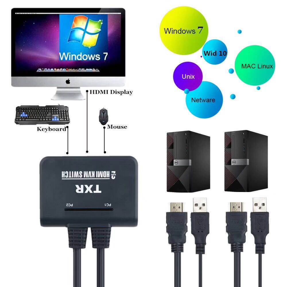 HDMI KVM Switch 2 Port with Cables, Selector Switcher for 2 Computers Share One Monitor, Keyboard, Mouse and USB Peripheral Support 4k&times;2K@30hz Resolution