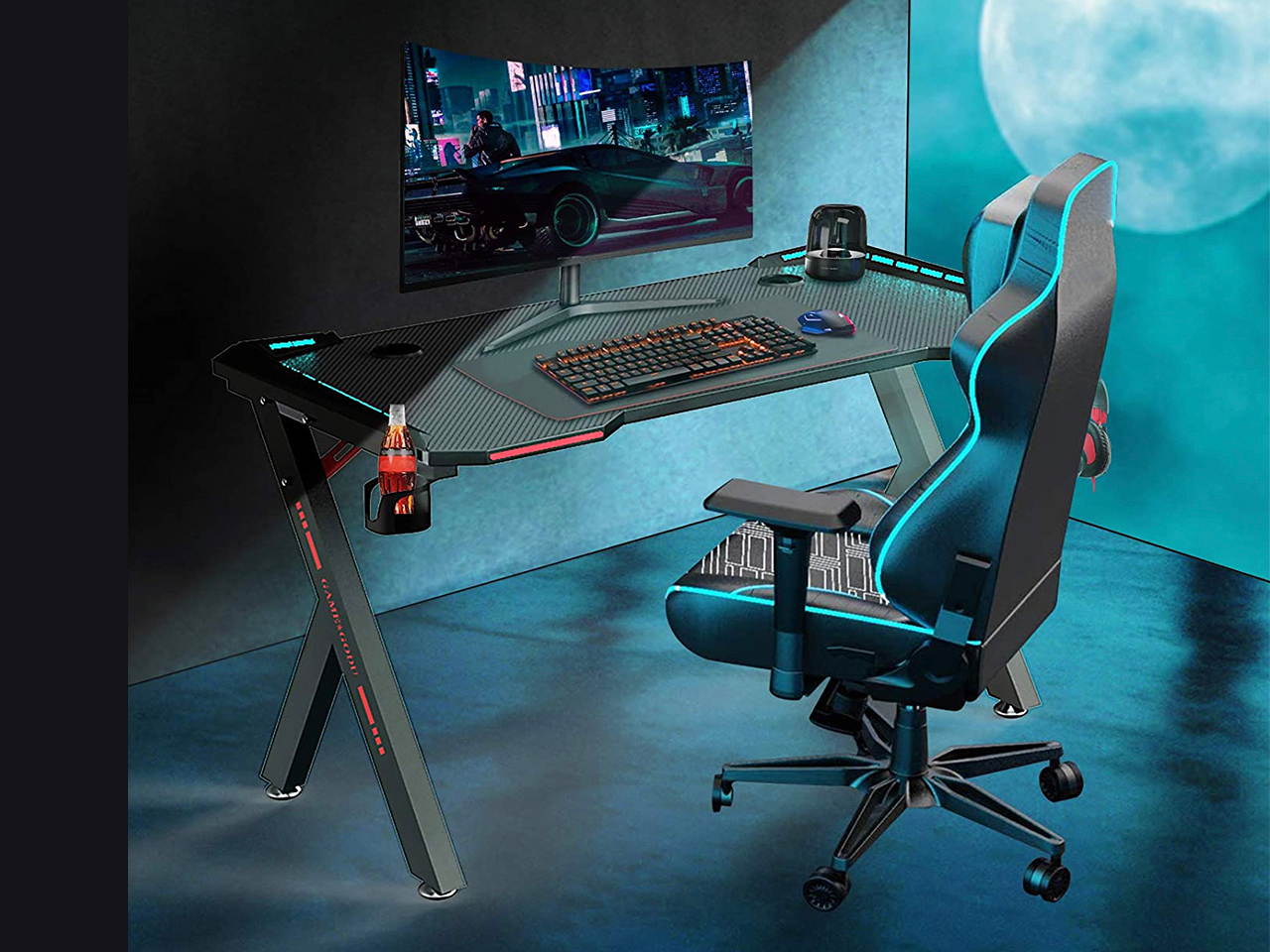 Gaming Desk, 55 Inch Gaming Table, PC Computer Workstation with LED RGB Lights, Headphone Hook and Cup Holder for Home, Black