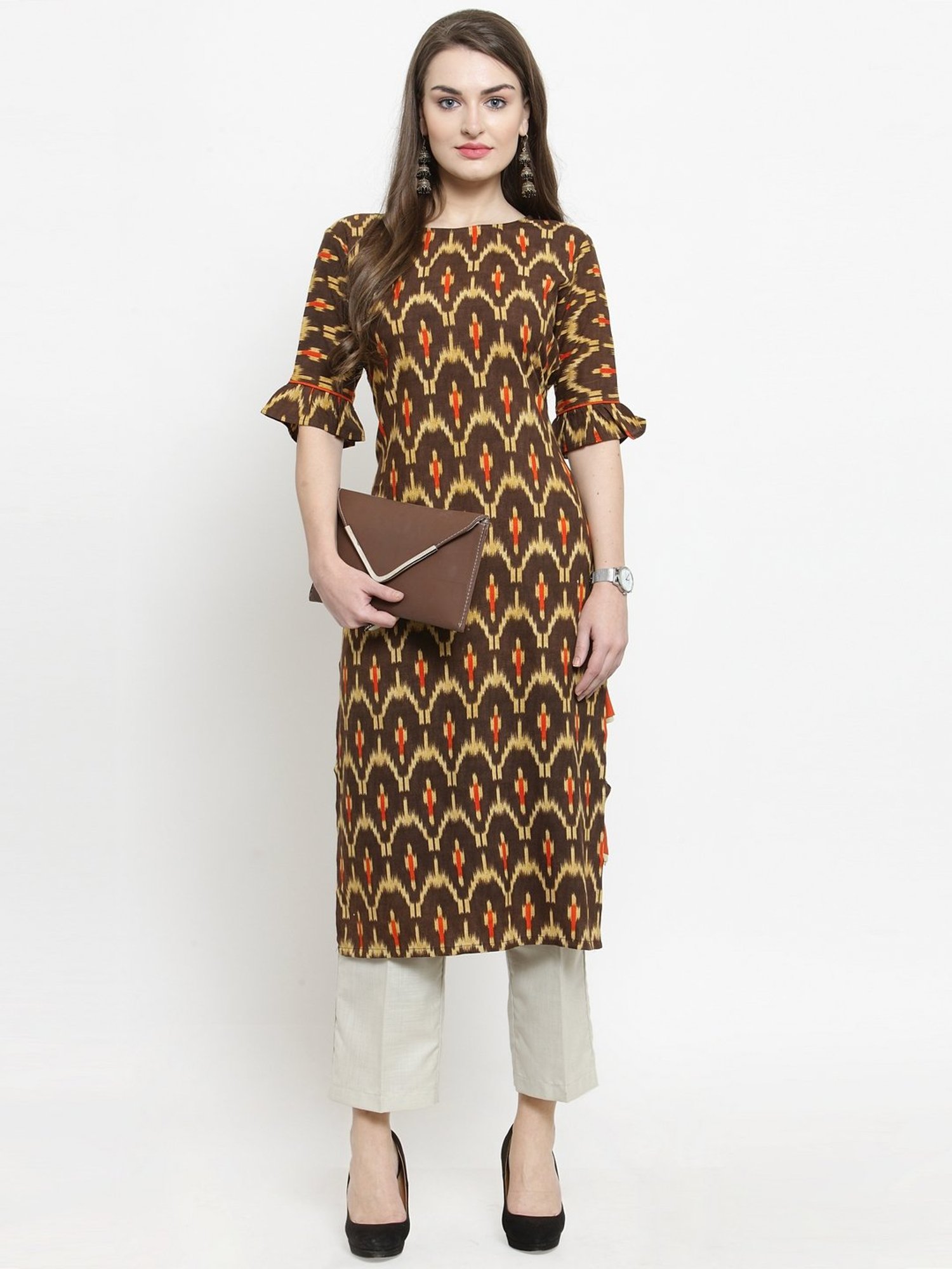 Indibelle Brown Printed Straight Kurta
