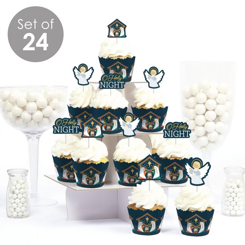 Big Dot of Happiness Holy Nativity - Cupcake Decoration - Manger Scene Religious Christmas Cupcake Wrappers and Treat Picks Kit - Set of 24