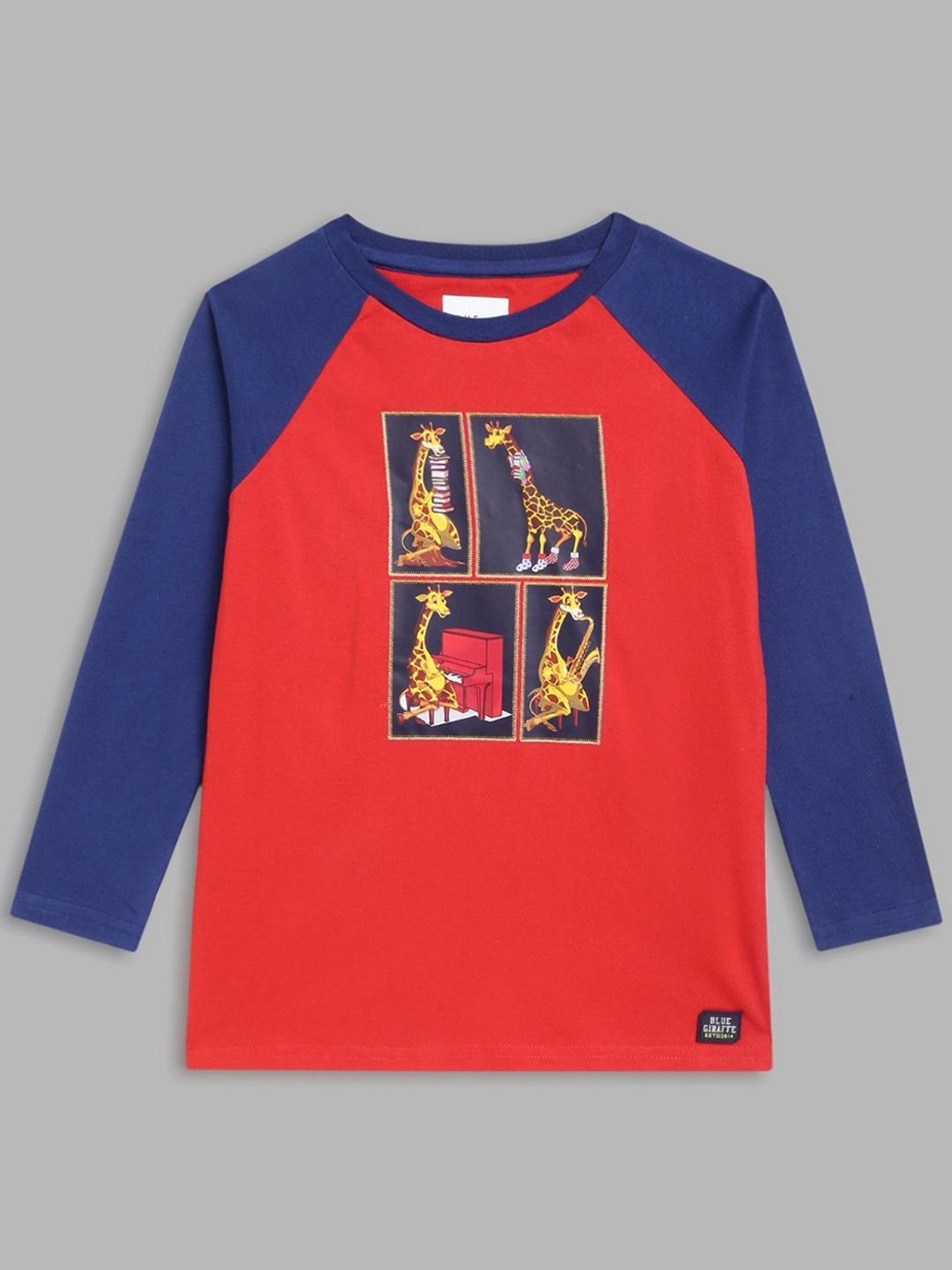 Blue Giraffe Kids Red & Blue Cotton Printed Full Sleeves T-Shirt