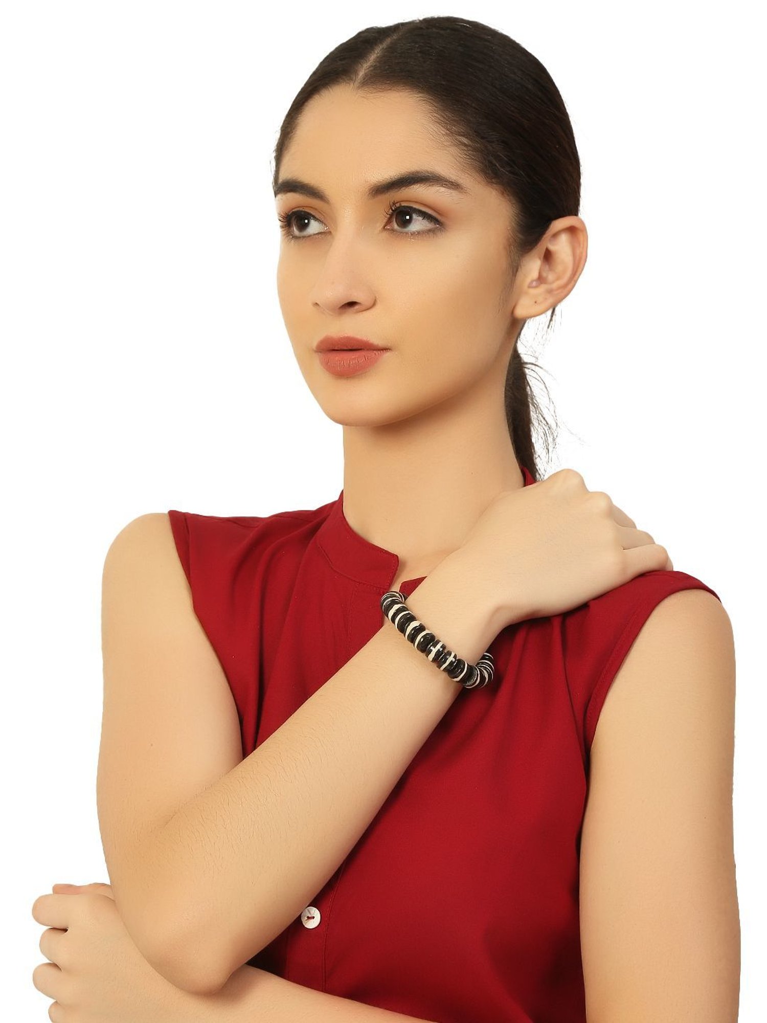 IMLI STREET Black & White Artificial Beaded Stretchable Bracelet for Women