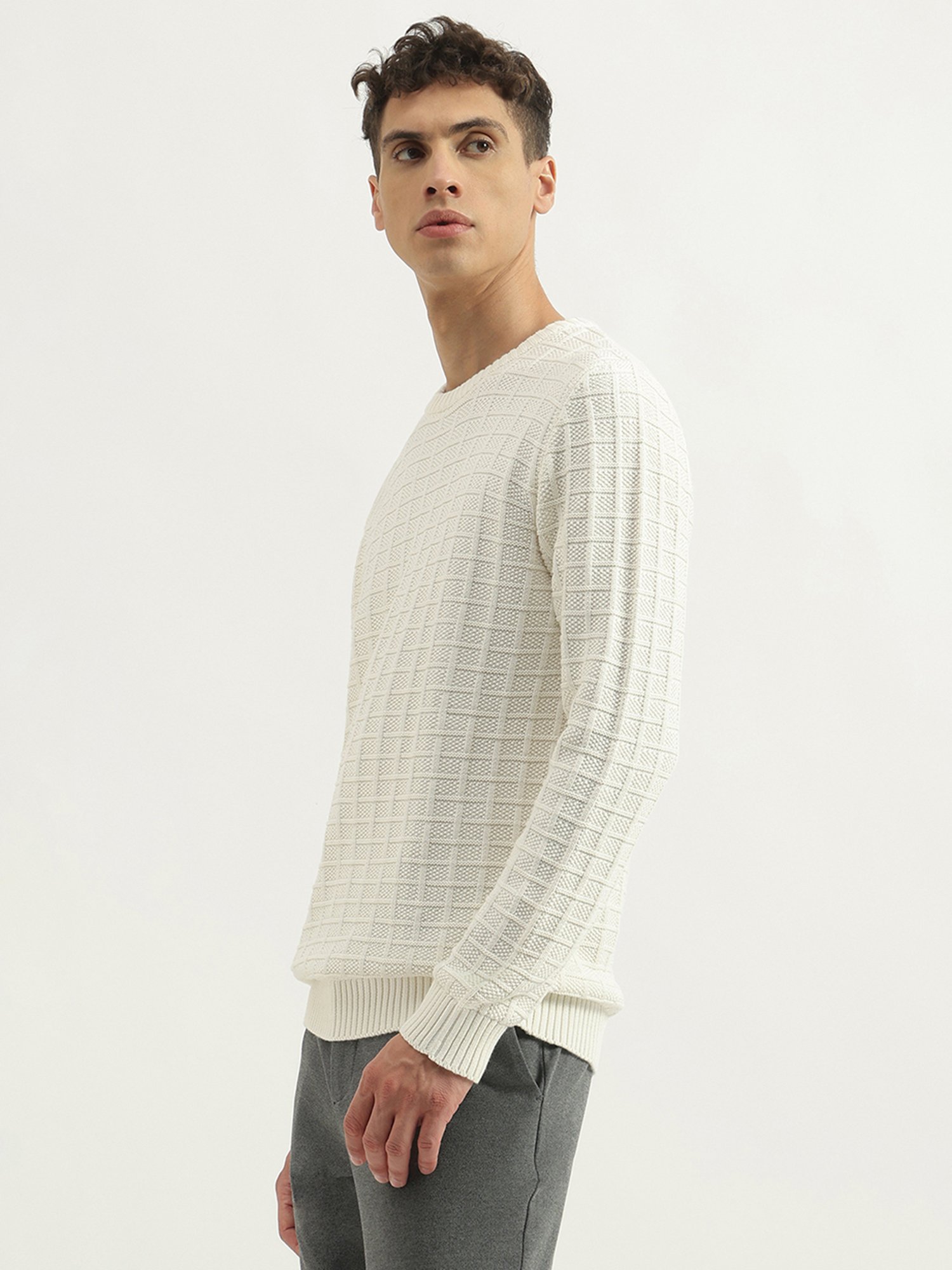 United Colors of Benetton Off White Pure Cotton Regular Textured Sweater