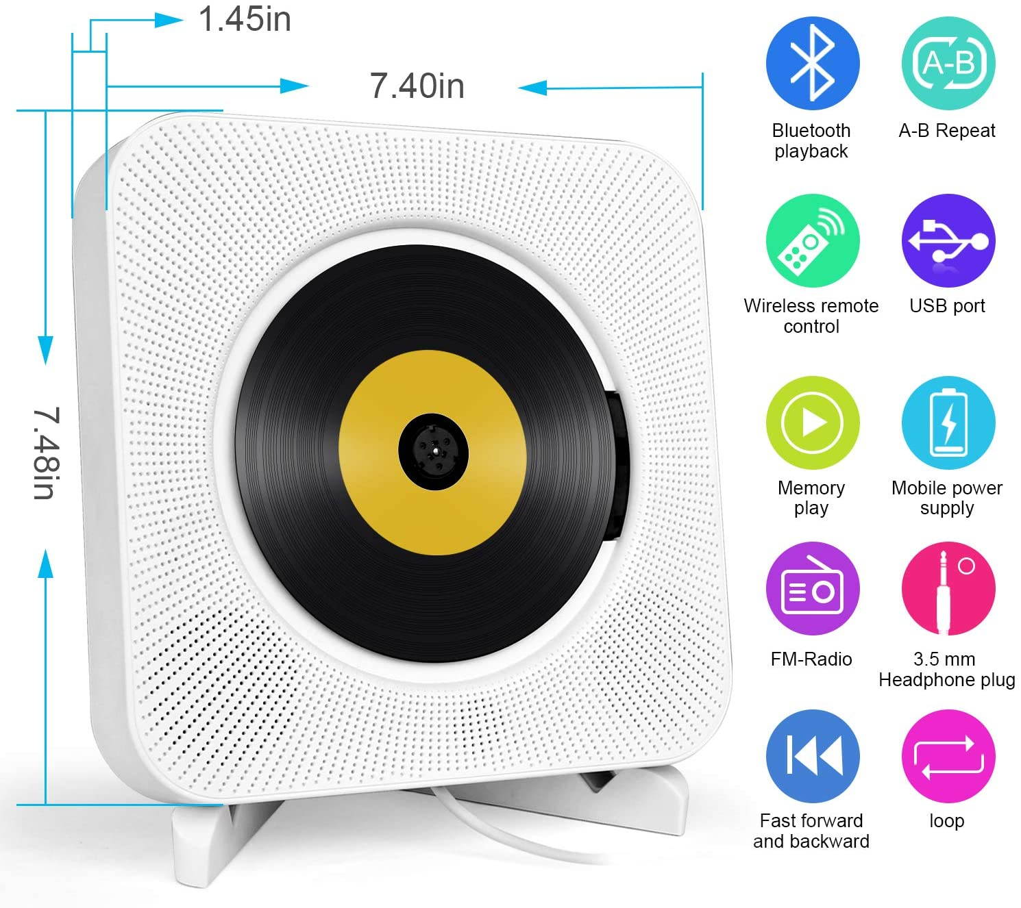 Portable CD Player with Bluetooth, Wall Mountable CD Music Player Home Audio Boombox with Remote Control FM Radio Built-in HiFi Speakers, MP3 Headphone Jack AUX Input Output