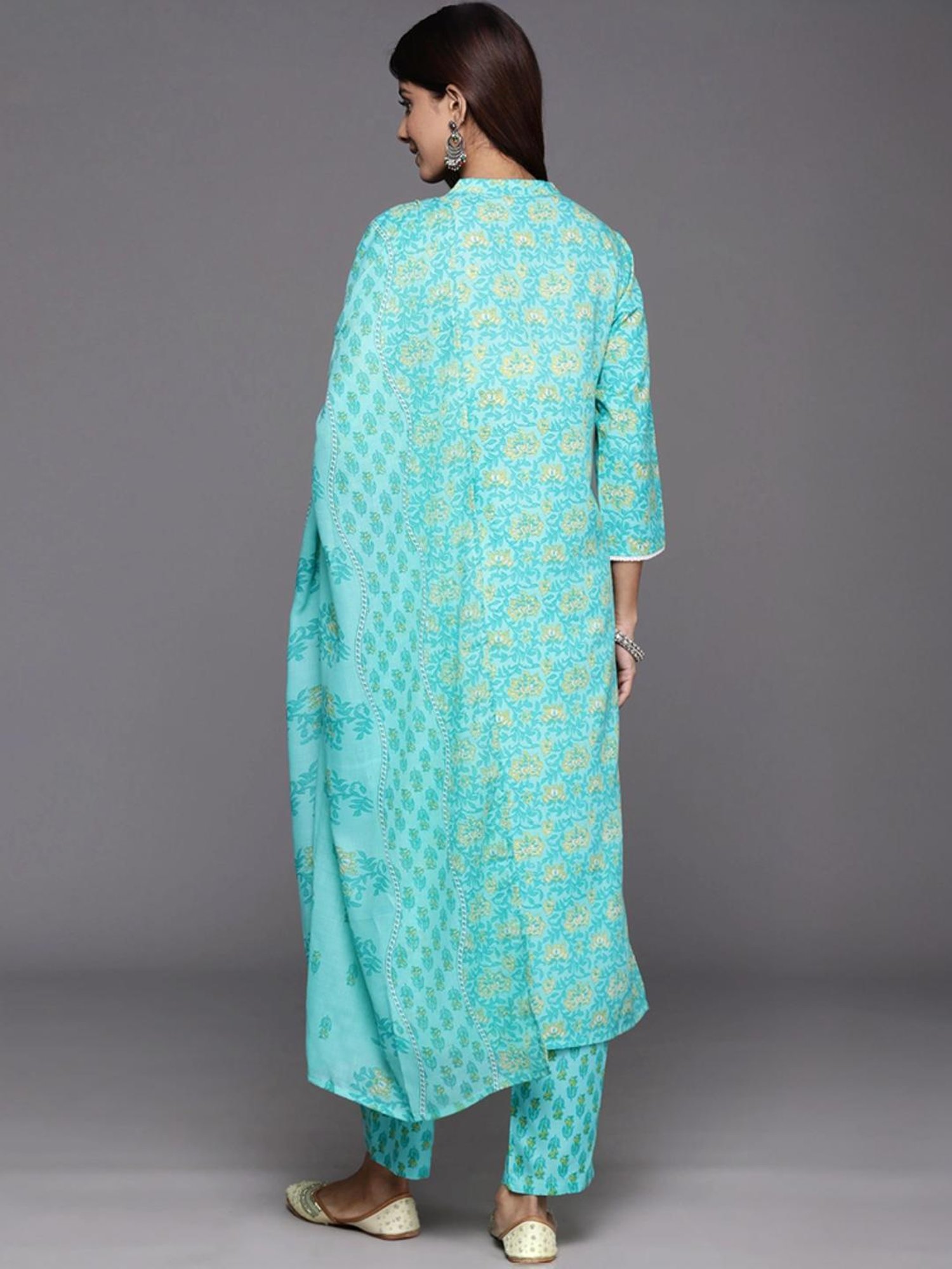 Varanga Green Cotton Floral Print Kurta Pant Set With Dupatta