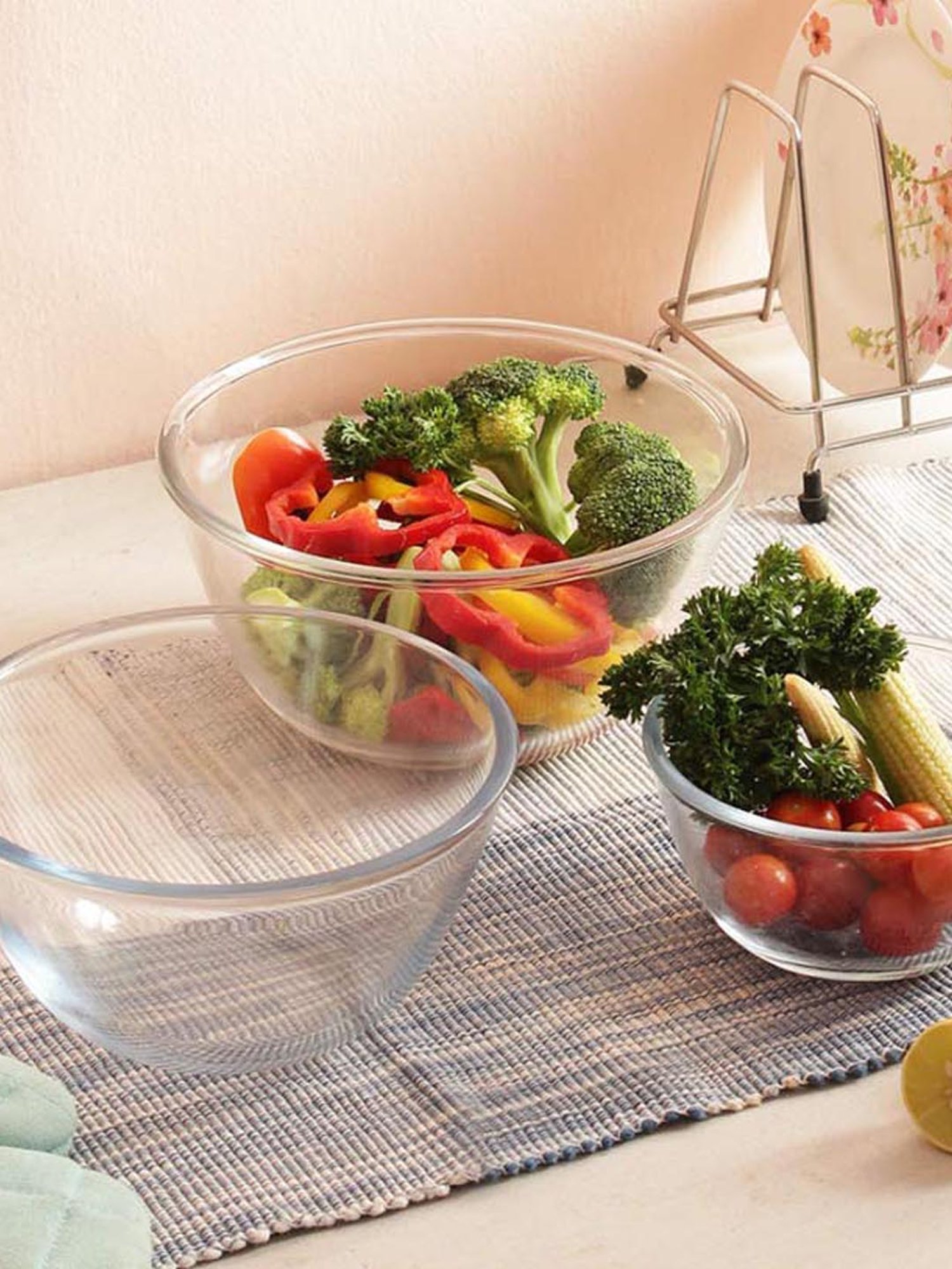 Femora Transparent Borosilicate Glass Mixing Bowls (2100 ml, 700 ml & 2650 ml) - Set of 3