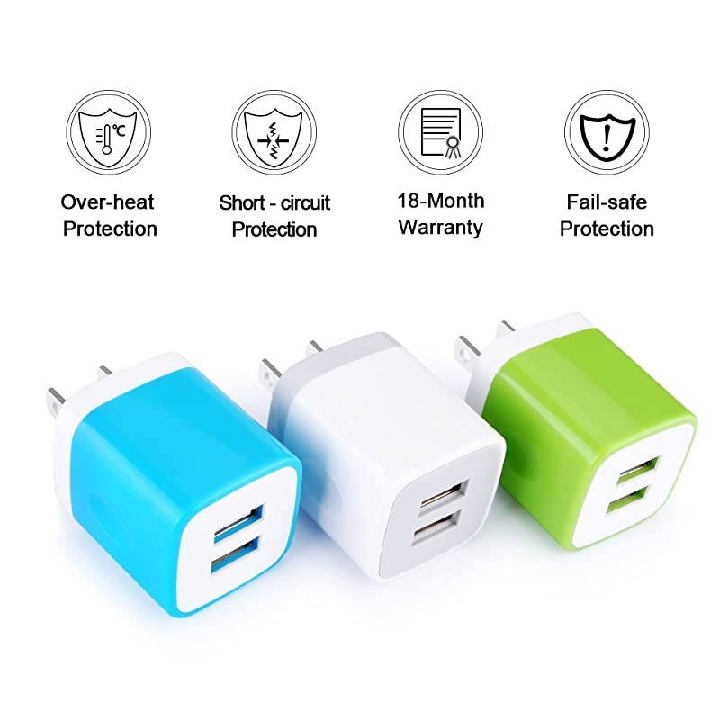 Wall Charger,  3-Pack Dual Port USB Home Travel Wall Charger Plug Compatible with iPhone X,8,7 Plus,6 Plus, Tablet, Samsung Galaxy S10,S10+,S9,S8, S7, S6 Edge, HTC, LG, Sony, and More