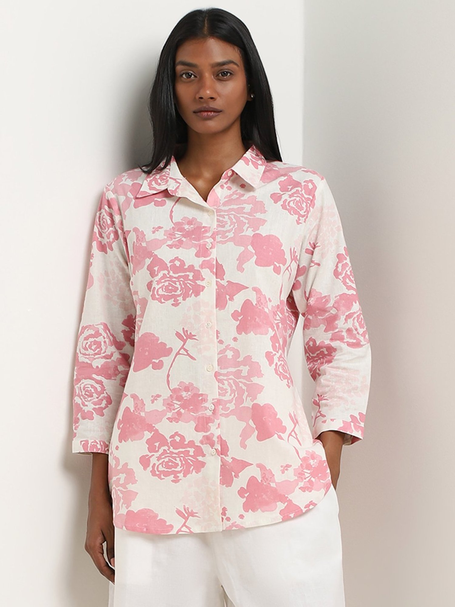 Zuba by Westside Pink Rose Pattern Straight Cotton Tunic