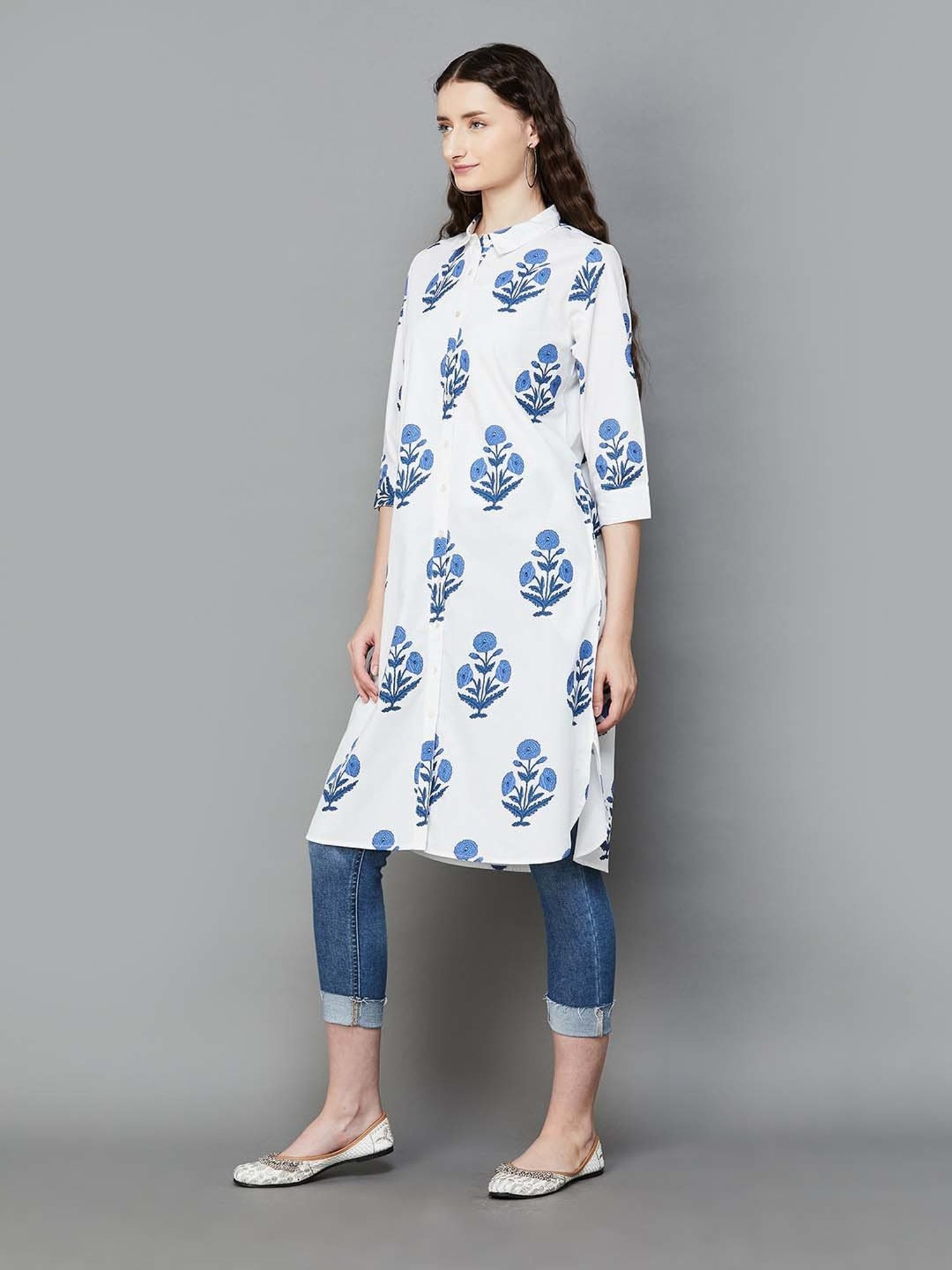 Colour Me by Melange White Cotton Printed A-Line Kurta