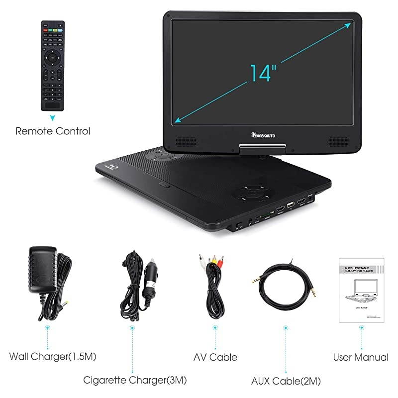 14" Portable Blu-Ray DVD Player with 1920X1080 HD Large Screen, 4000mAh Rechargeable Battery, Support HDMI in/Out, USB/SD Card Reader, MP4 Video Playback (HDMI Cable Included)