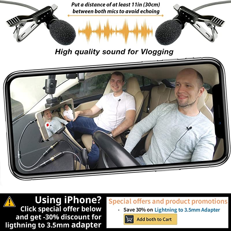 Grade 2 Lavalier Lapel Microphones Set for Dual Interview - Dual Lavalier Microphone - 2 Lavalier Microphone Set - Perfect as Blogging Vlogging Interview Microphone for iPhone 6, 7, 8, X