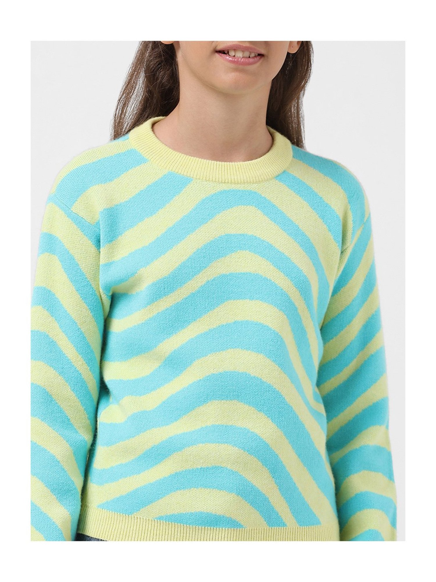 VERO MODA GIRL Blue & Green Printed Full Sleeves Sweater