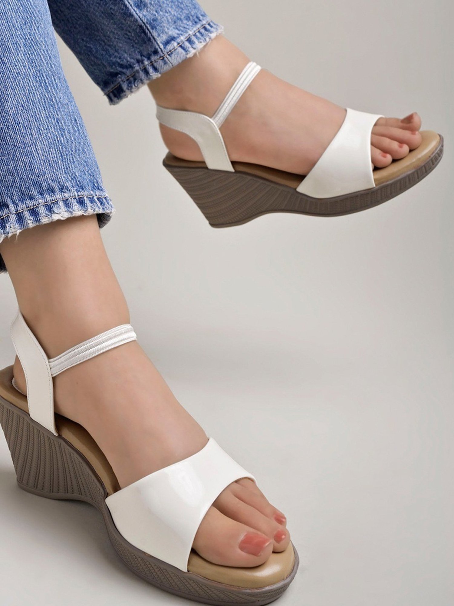 Shoetopia Women's White Ankle Strap Wedges