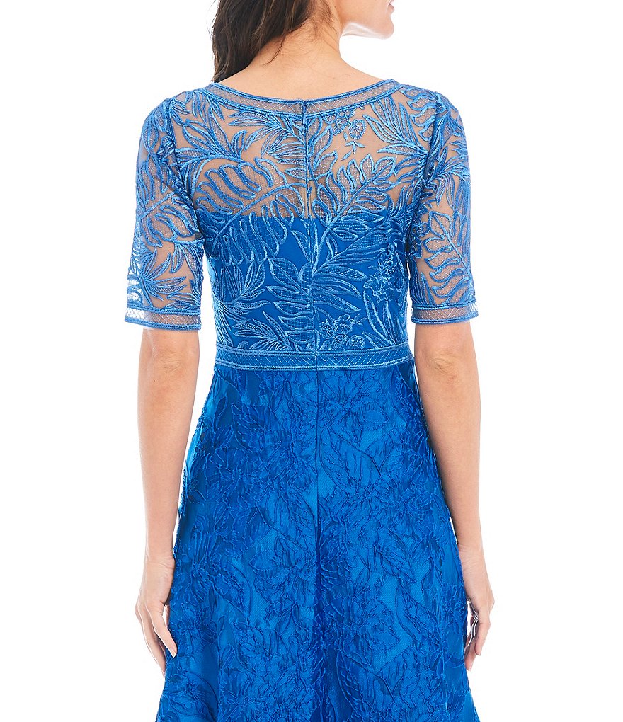 Tadashi Shoji Mixed Media Lace Bodice Boat Neck 3/4 Sleeve Midi Dress