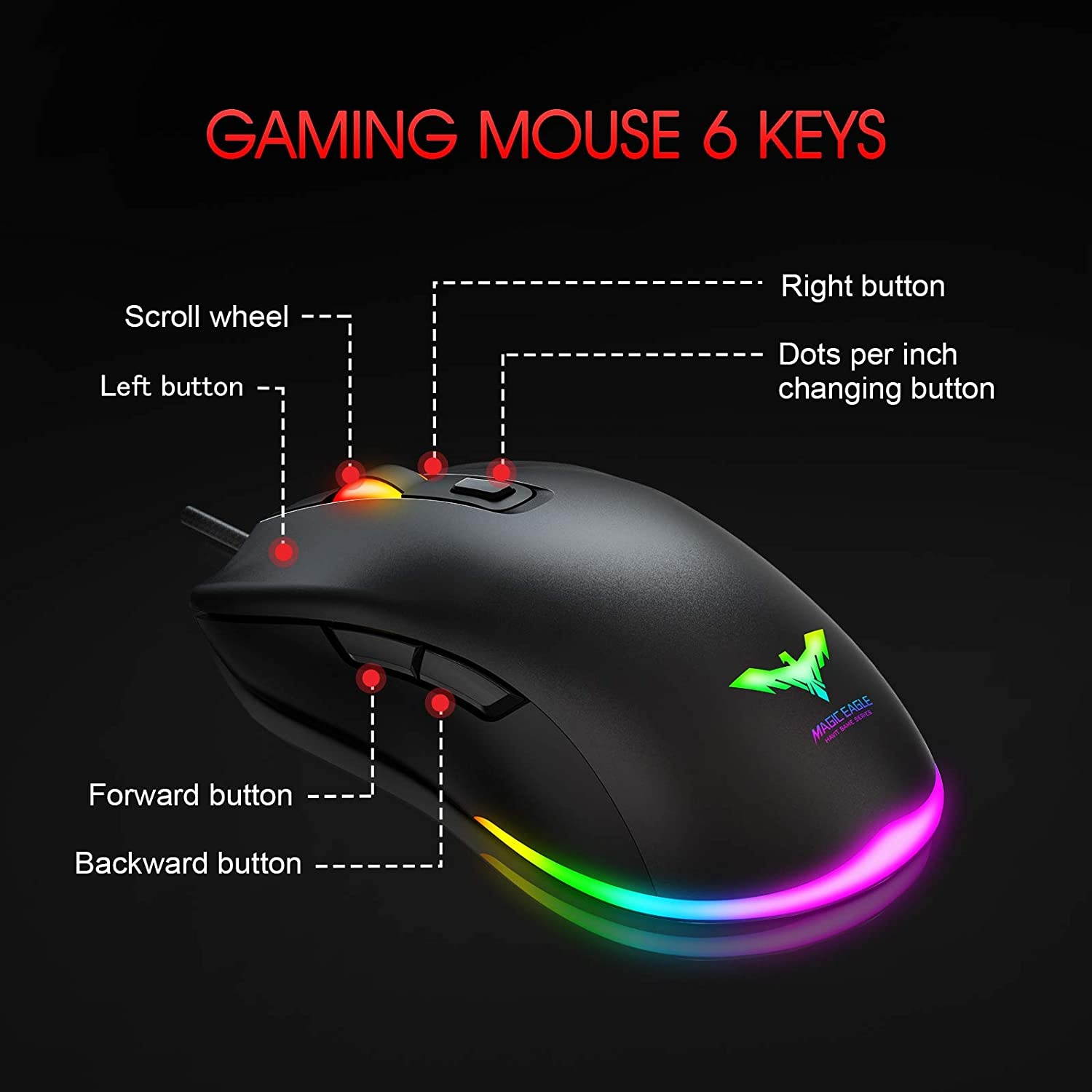 Havit RGB Gaming Mouse Wired PC Gaming Mice with 7 Color Backlight 6 Buttons Up to 6400 D P I Computer USB Mouses for Desktop Laptop Gamer & Work